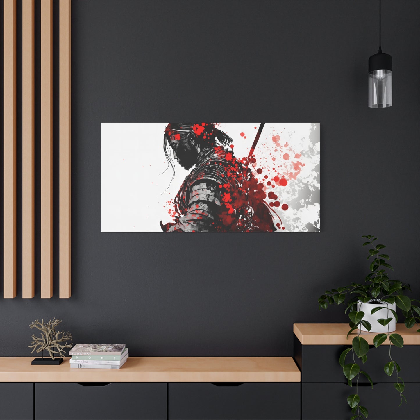 Samurai Warrior Ink Art – Red and Black Japanese Brush Style Canvas Print for Bold, Minimalist Spaces