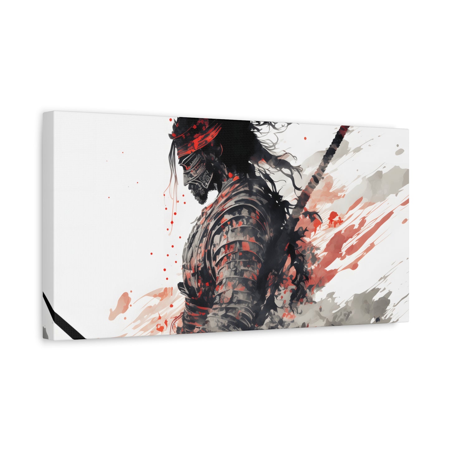 Bushido Samurai Ink Art – Red and Grey Watercolor Canvas Print of Warrior in Armor with Katana