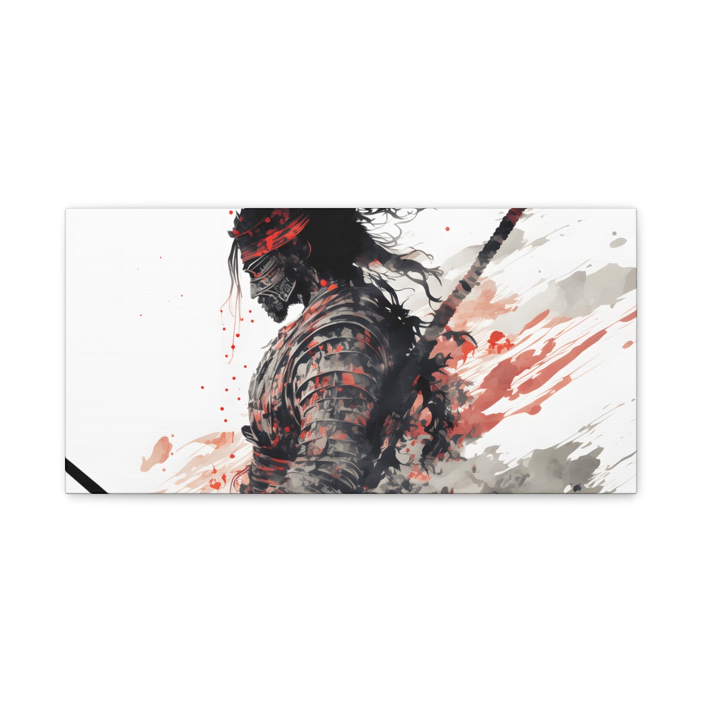 Bushido Samurai Ink Art – Red and Grey Watercolor Canvas Print of Warrior in Armor with Katana