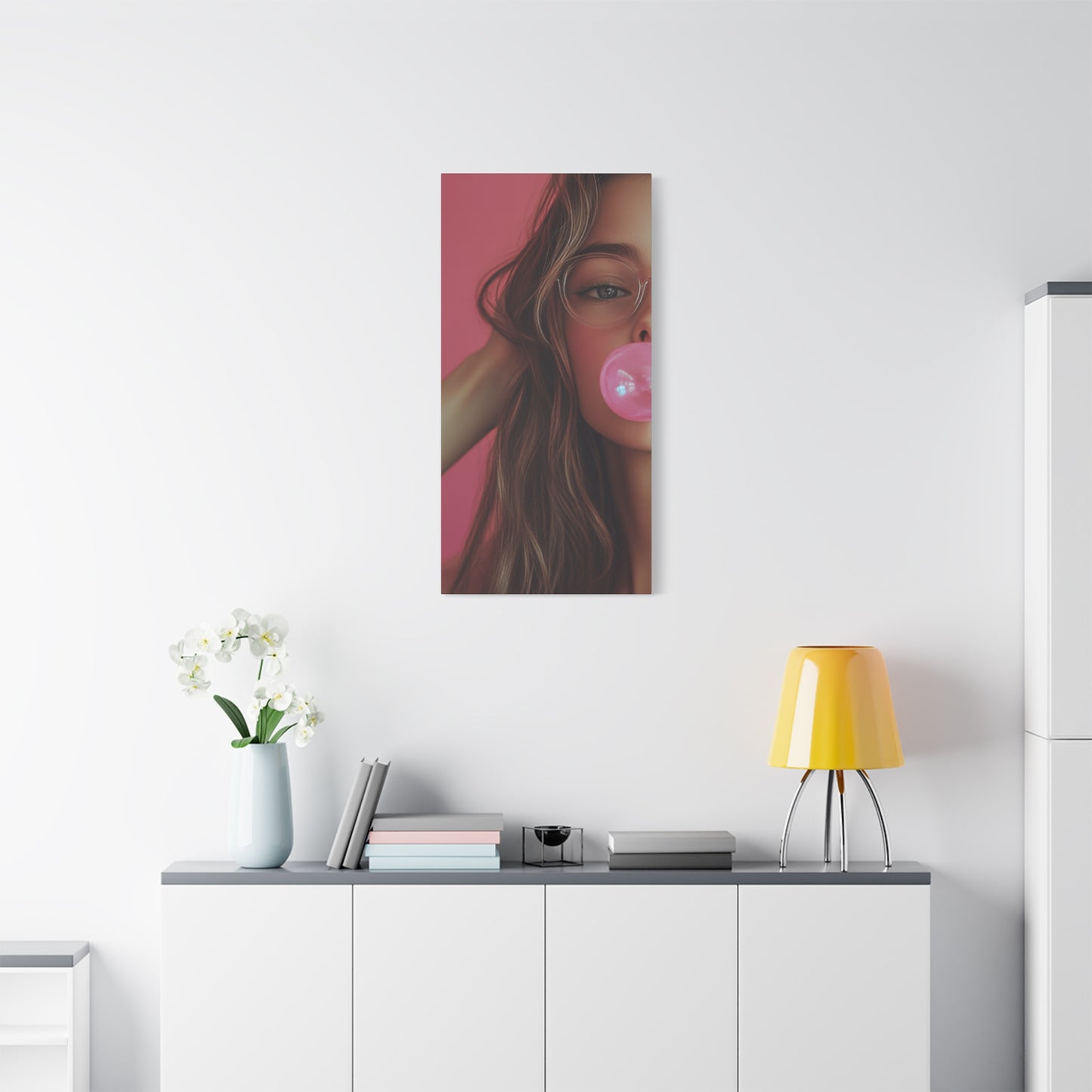 Trendy Bubblegum Girl Wall Art – Soft Pink Portrait Canvas Print with Retro Glasses Aesthetic