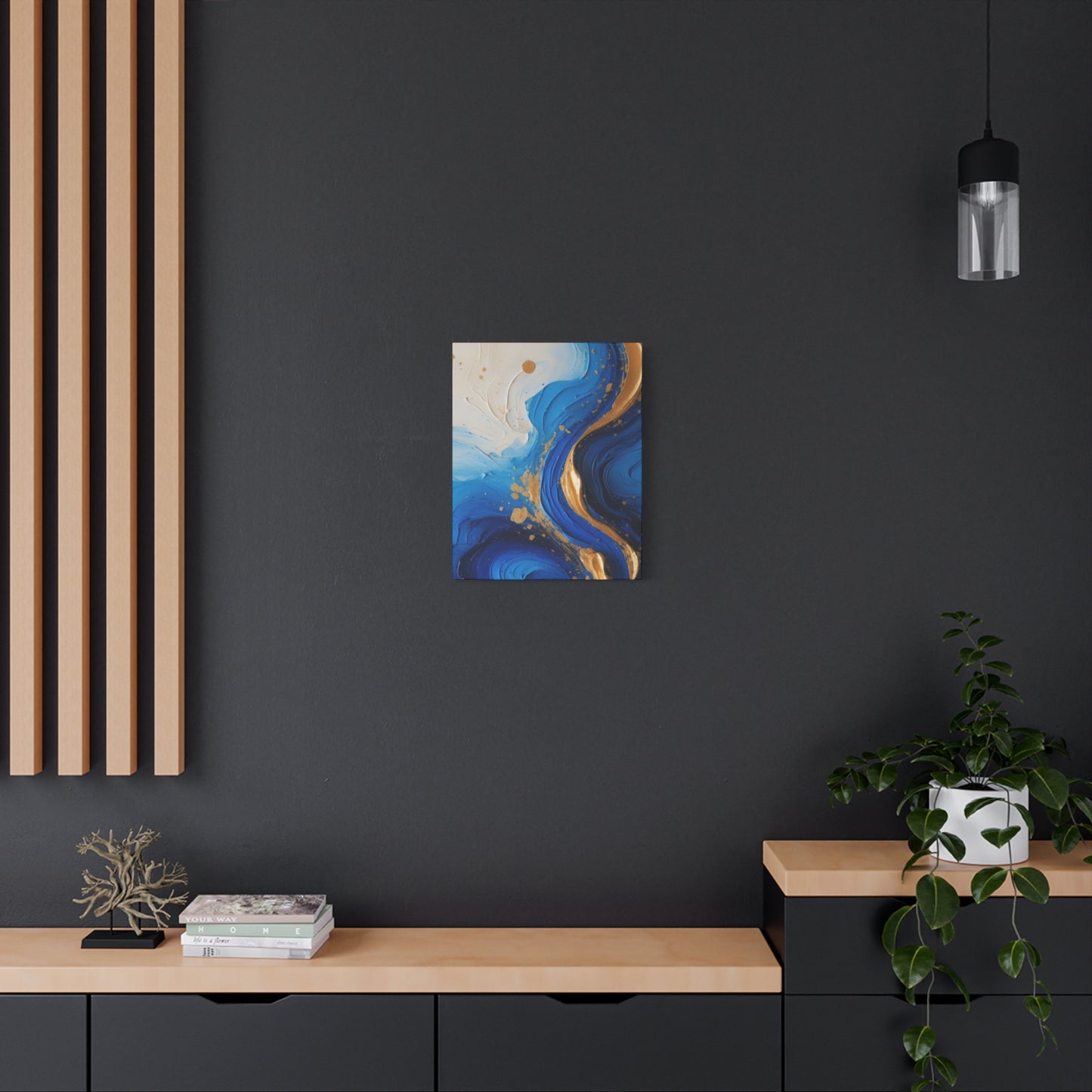Blue and Gold Abstract Fluid Wall Art – Luxury Canvas Print with Textured Paint Swirls for Modern Home Décor