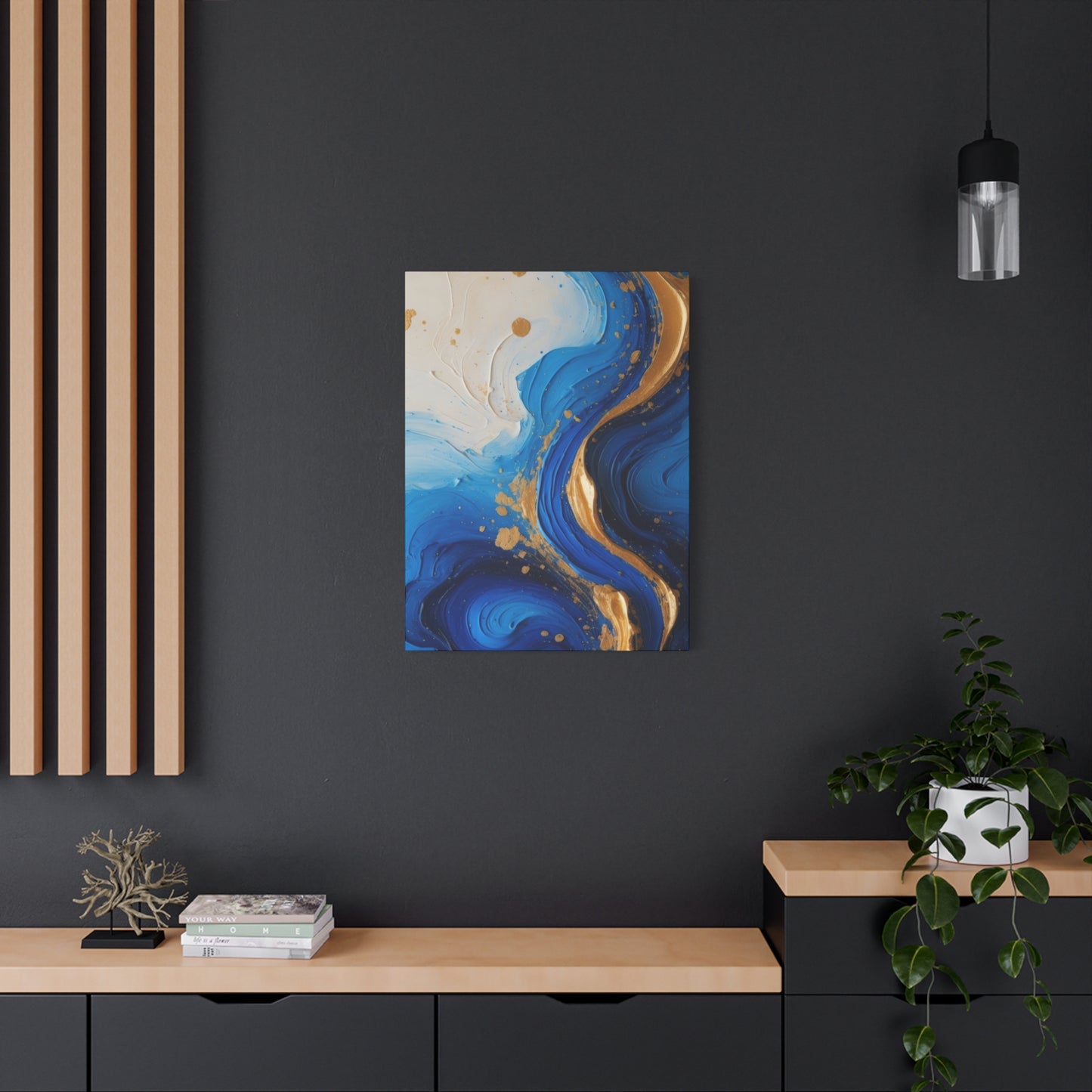Blue and Gold Abstract Fluid Wall Art – Luxury Canvas Print with Textured Paint Swirls for Modern Home Décor