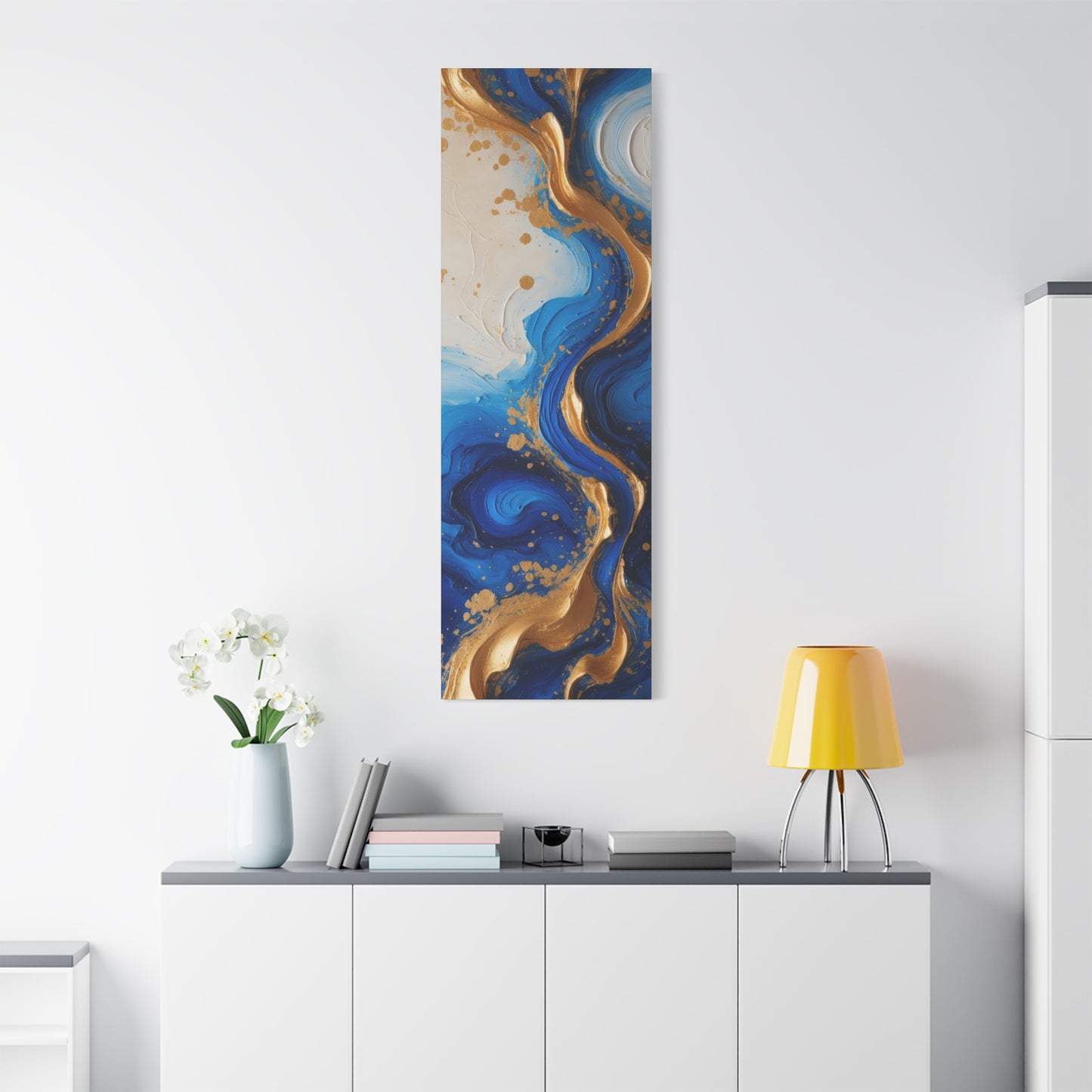 Blue and Gold Abstract Fluid Wall Art – Luxury Canvas Print with Textured Paint Swirls for Modern Home Décor
