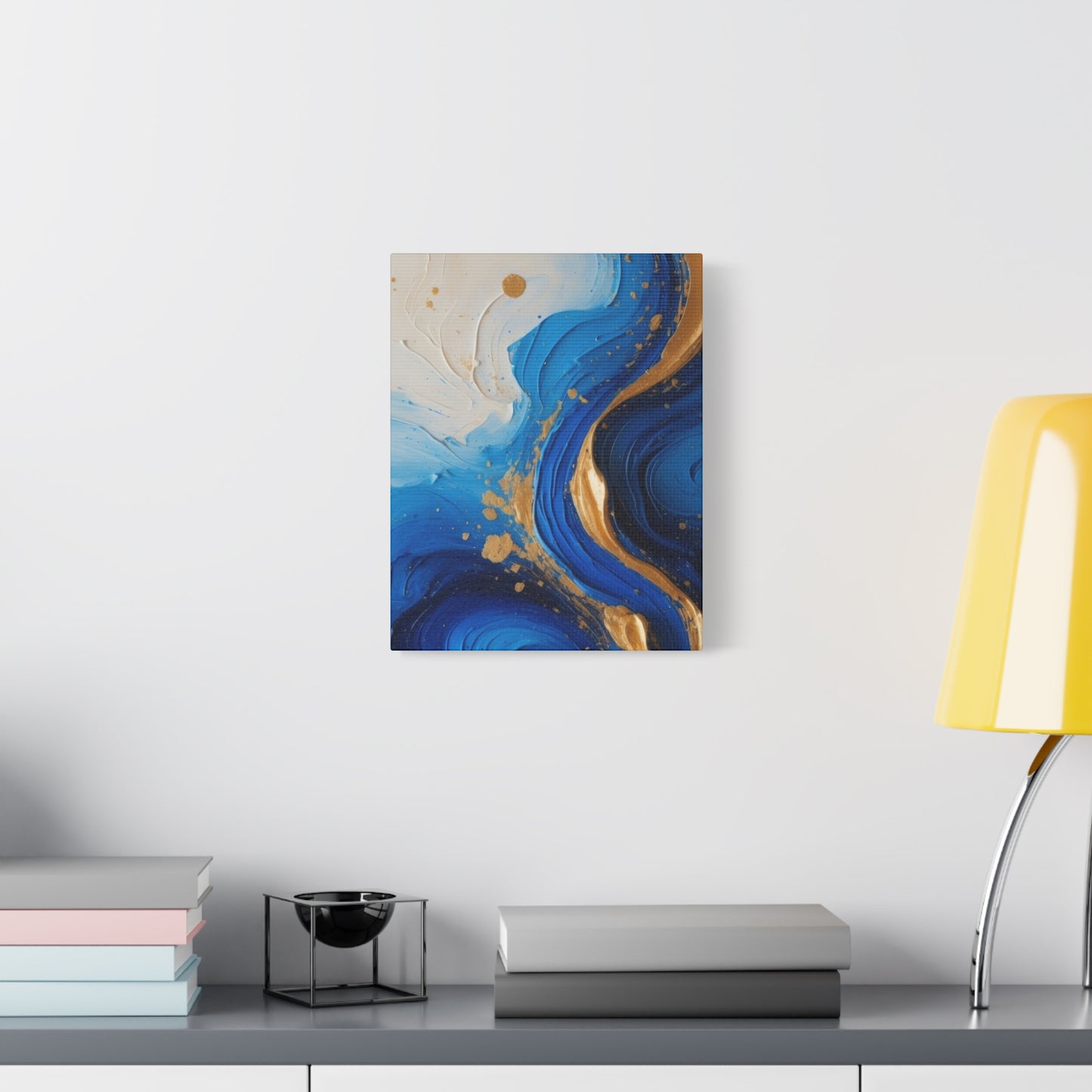 Blue and Gold Abstract Fluid Wall Art – Luxury Canvas Print with Textured Paint Swirls for Modern Home Décor