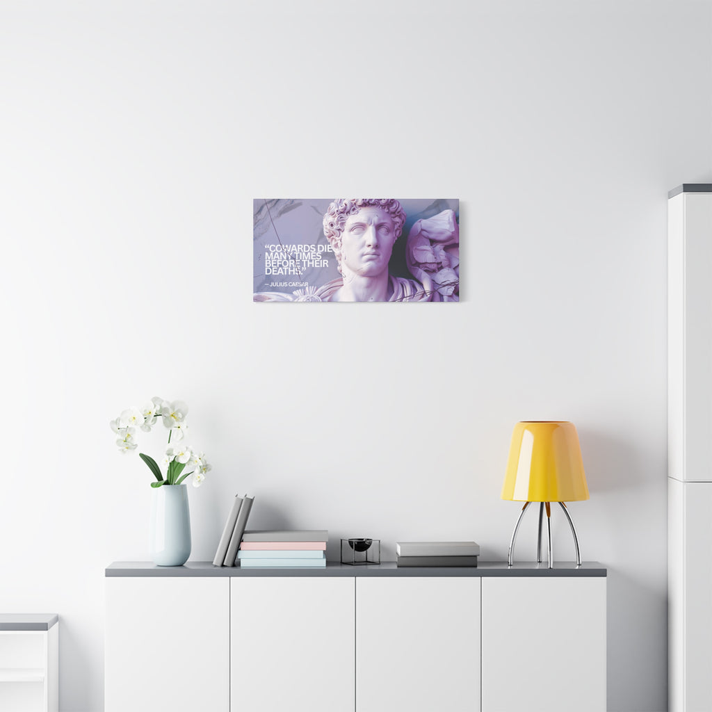 “Cowards Die Many Times” Julius Caesar Quote Wall Art – Lavender Roman Bust Canvas for Bold and Thoughtful Spaces