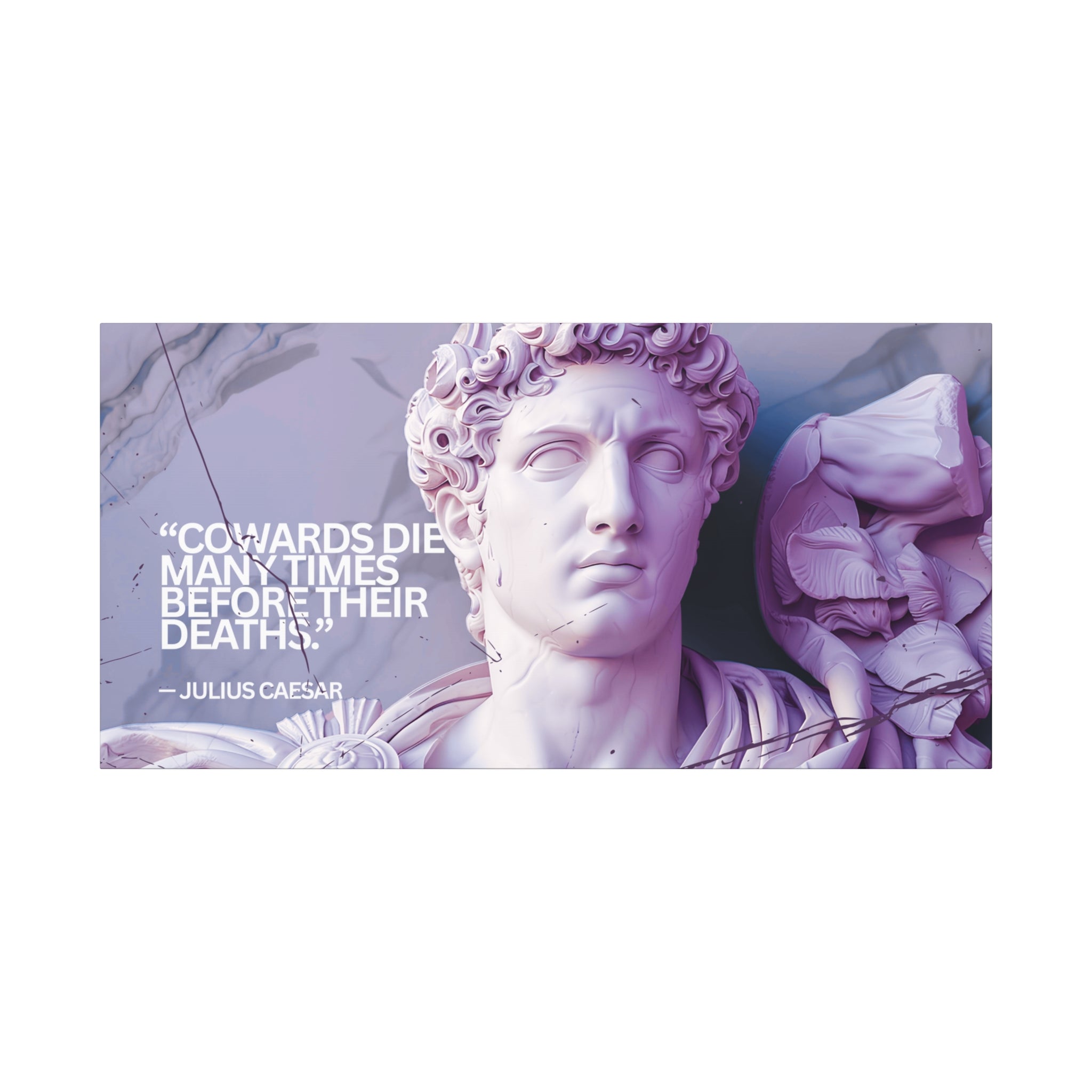 “Cowards Die Many Times” Julius Caesar Quote Wall Art – Lavender Roman Bust Canvas for Bold and Thoughtful Spaces