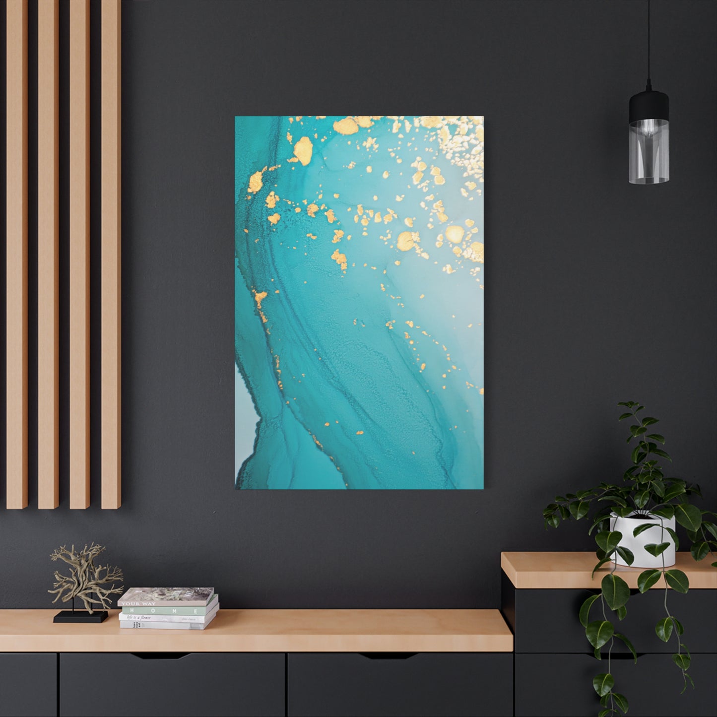 Turquoise & Gold Abstract Wall Art – Fluid Ink Canvas Print with Pink Accents for Modern Interior Décor