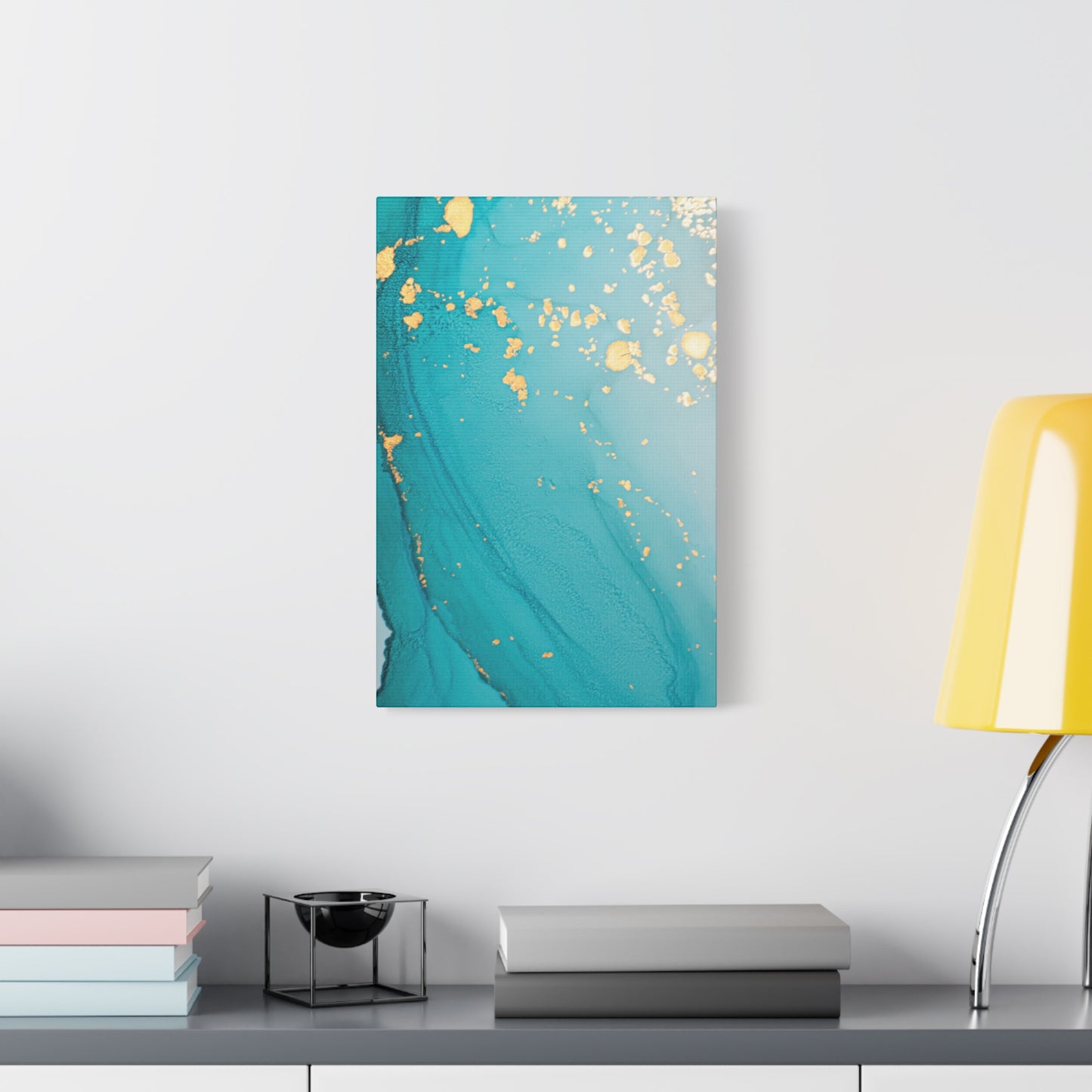 Turquoise & Gold Abstract Wall Art – Fluid Ink Canvas Print with Pink Accents for Modern Interior Décor