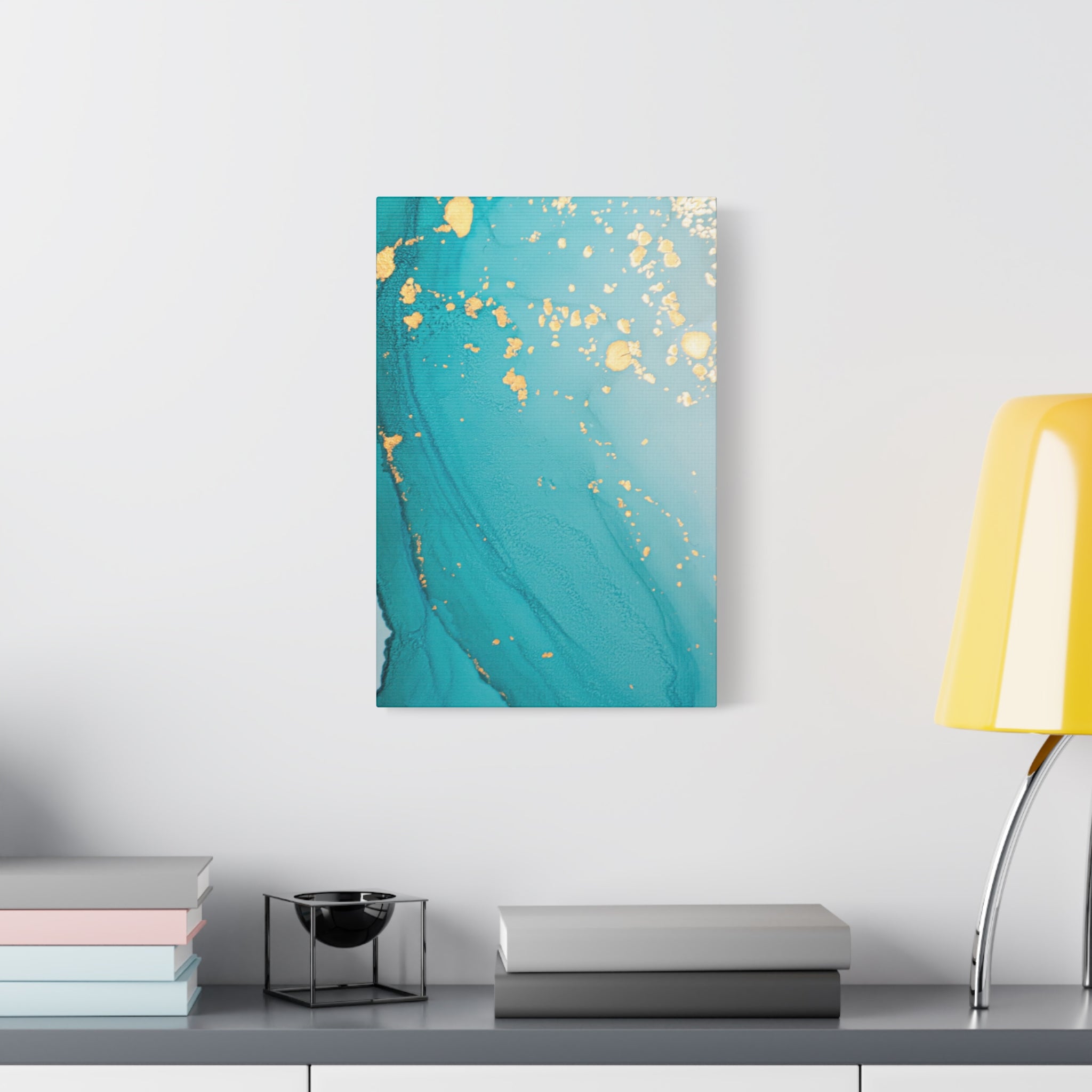 Turquoise & Gold Abstract Wall Art – Fluid Ink Canvas Print with Pink Accents for Modern Interior Décor