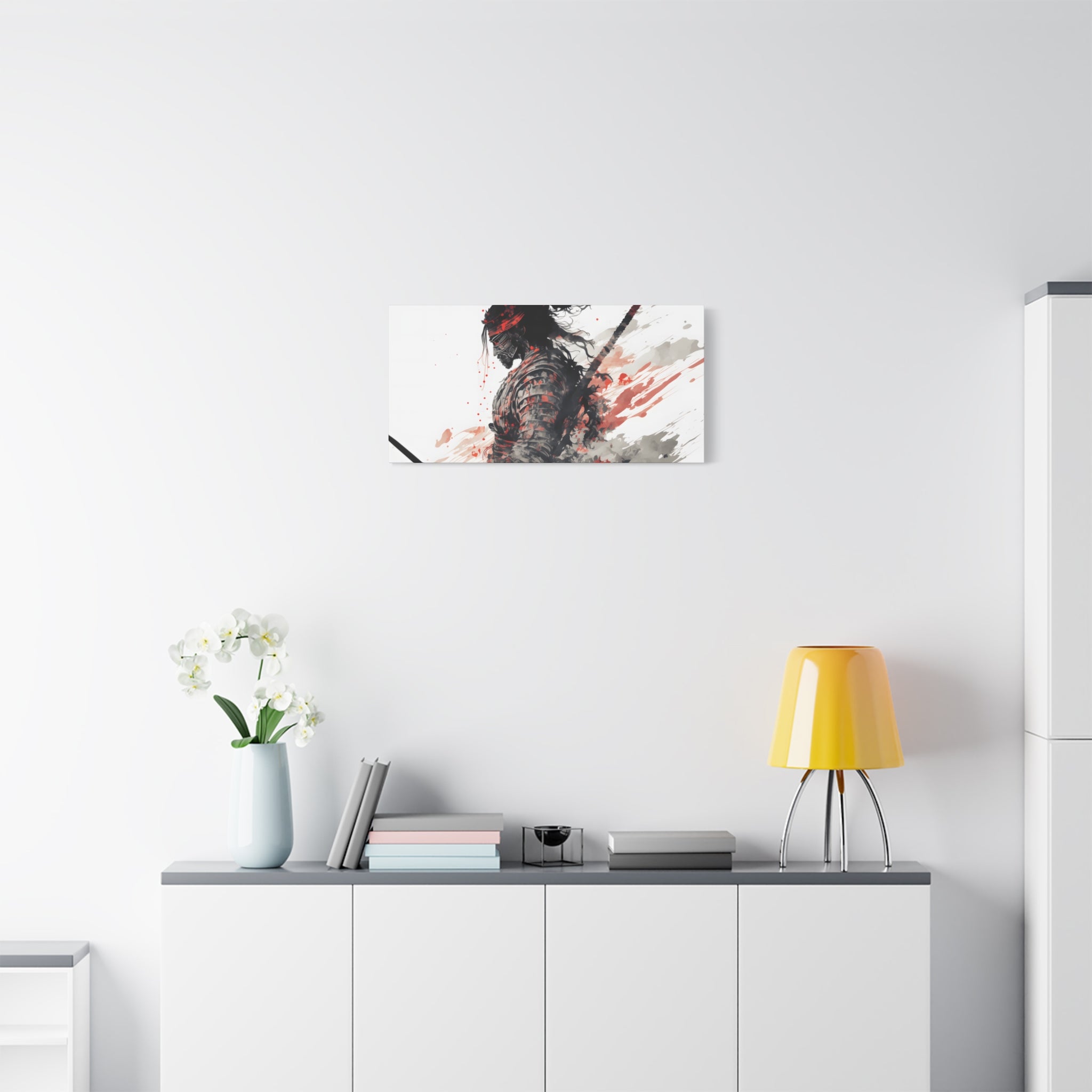 Bushido Samurai Ink Art – Red and Grey Watercolor Canvas Print of Warrior in Armor with Katana