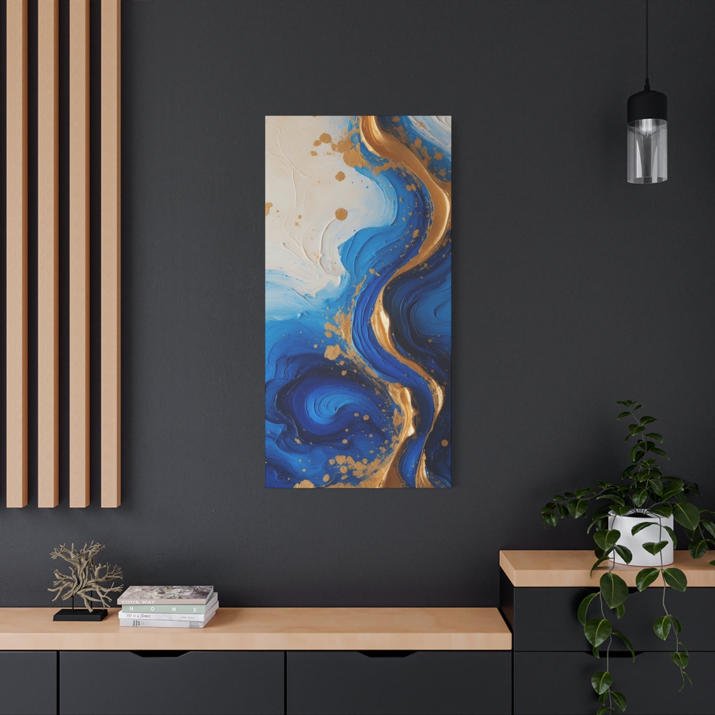Blue and Gold Abstract Fluid Wall Art – Luxury Canvas Print with Textured Paint Swirls for Modern Home Décor