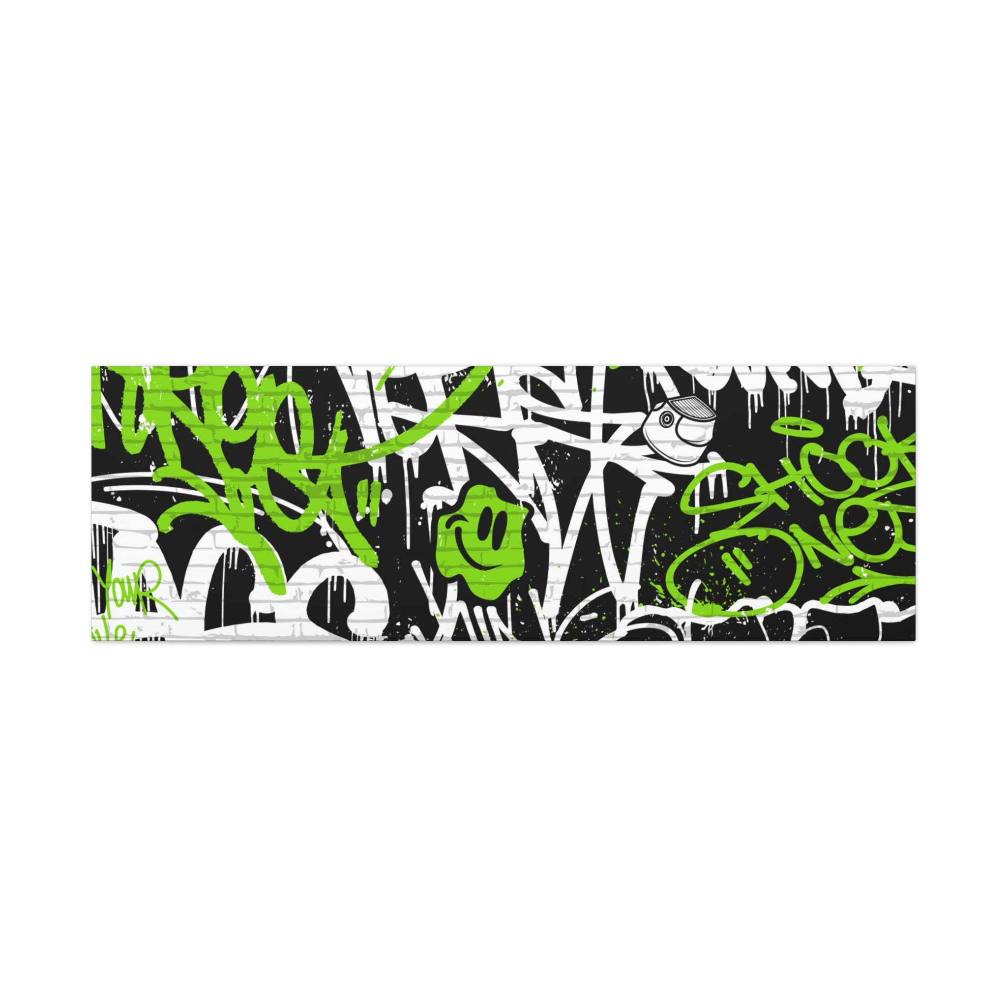 Neon Green Graffiti Wall Art – Urban Street Style Canvas with Tags, Smiley Faces & Brick Texture