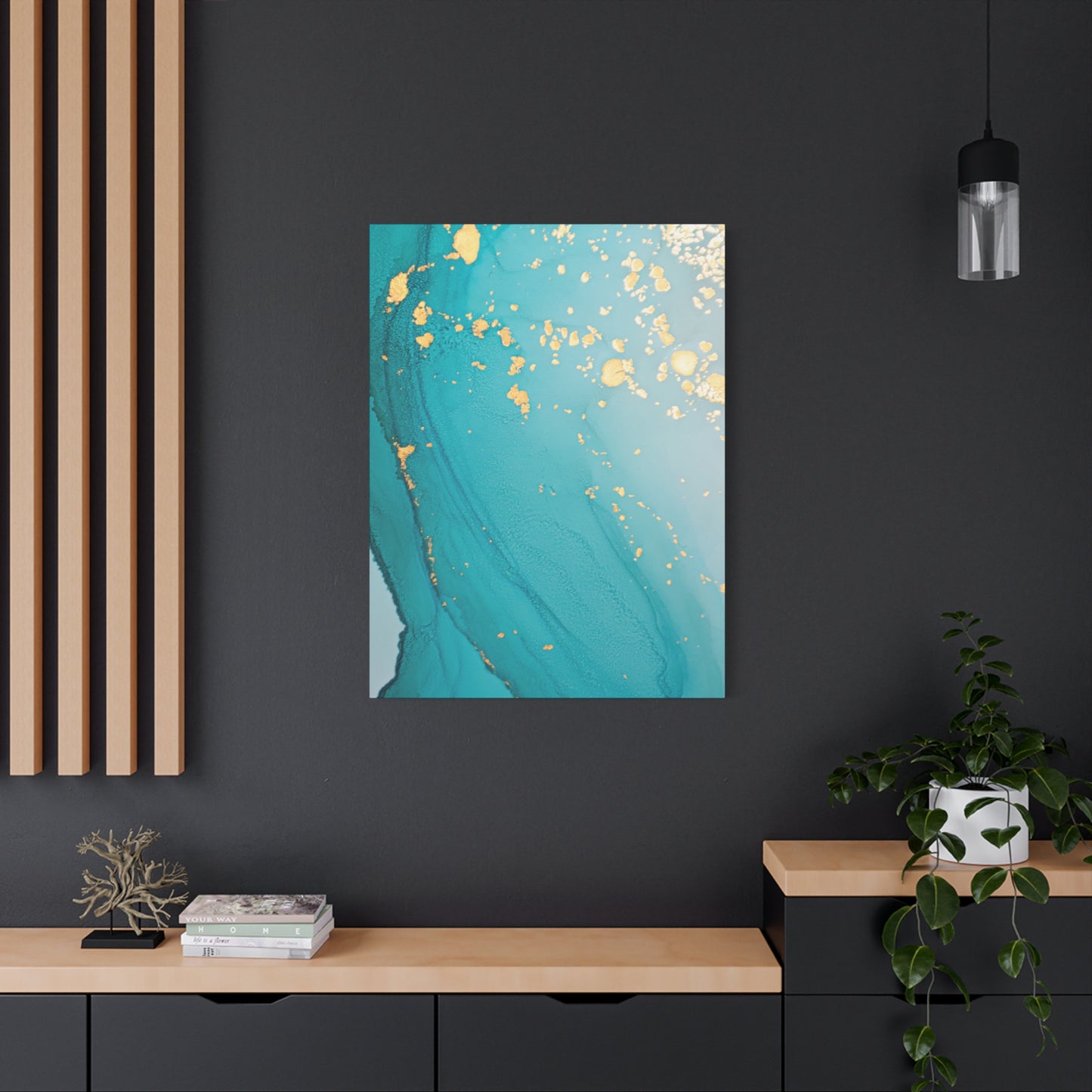 Turquoise & Gold Abstract Wall Art – Fluid Ink Canvas Print with Pink Accents for Modern Interior Décor