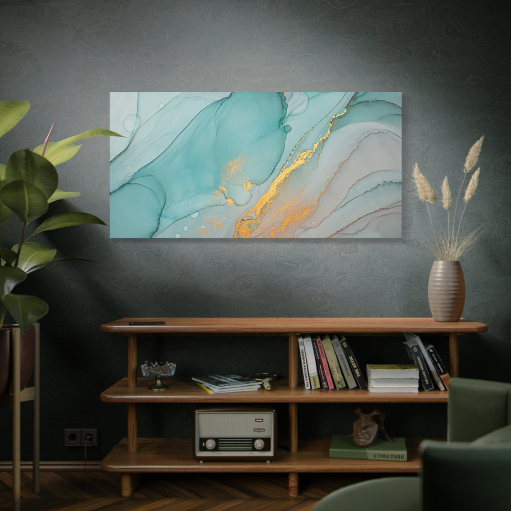 Aqua & Gold Fluid Abstract Canvas Wall Art – Modern Watercolor-Inspired Artwork for Living Room, Bedroom, or Office
