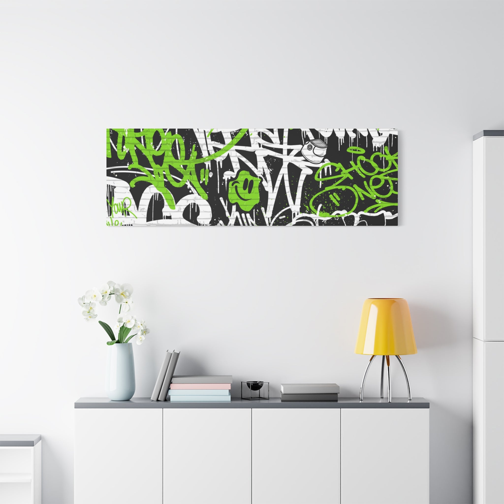 Neon Green Graffiti Wall Art – Urban Street Style Canvas with Tags, Smiley Faces & Brick Texture