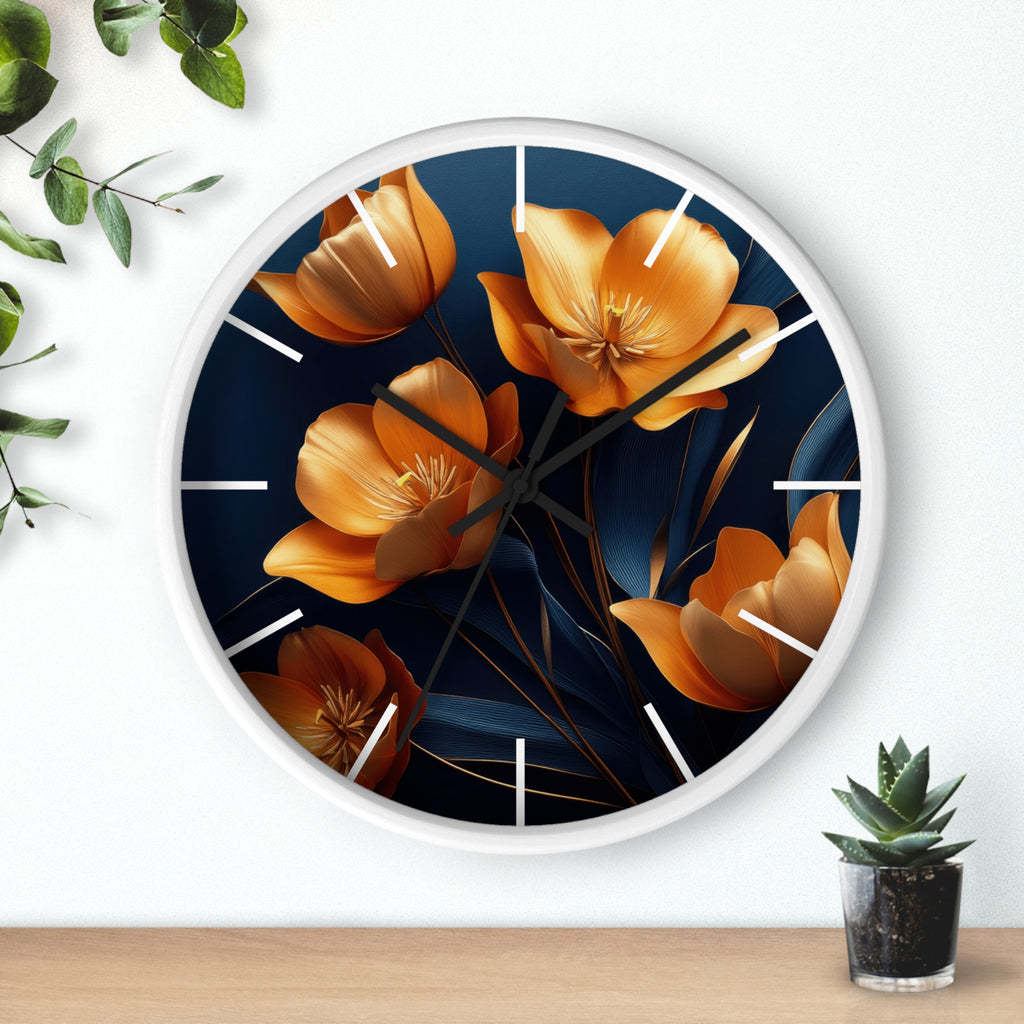 Golden Tulip Wall Clock – Elegant Floral Decor with Midnight Blue Backdrop