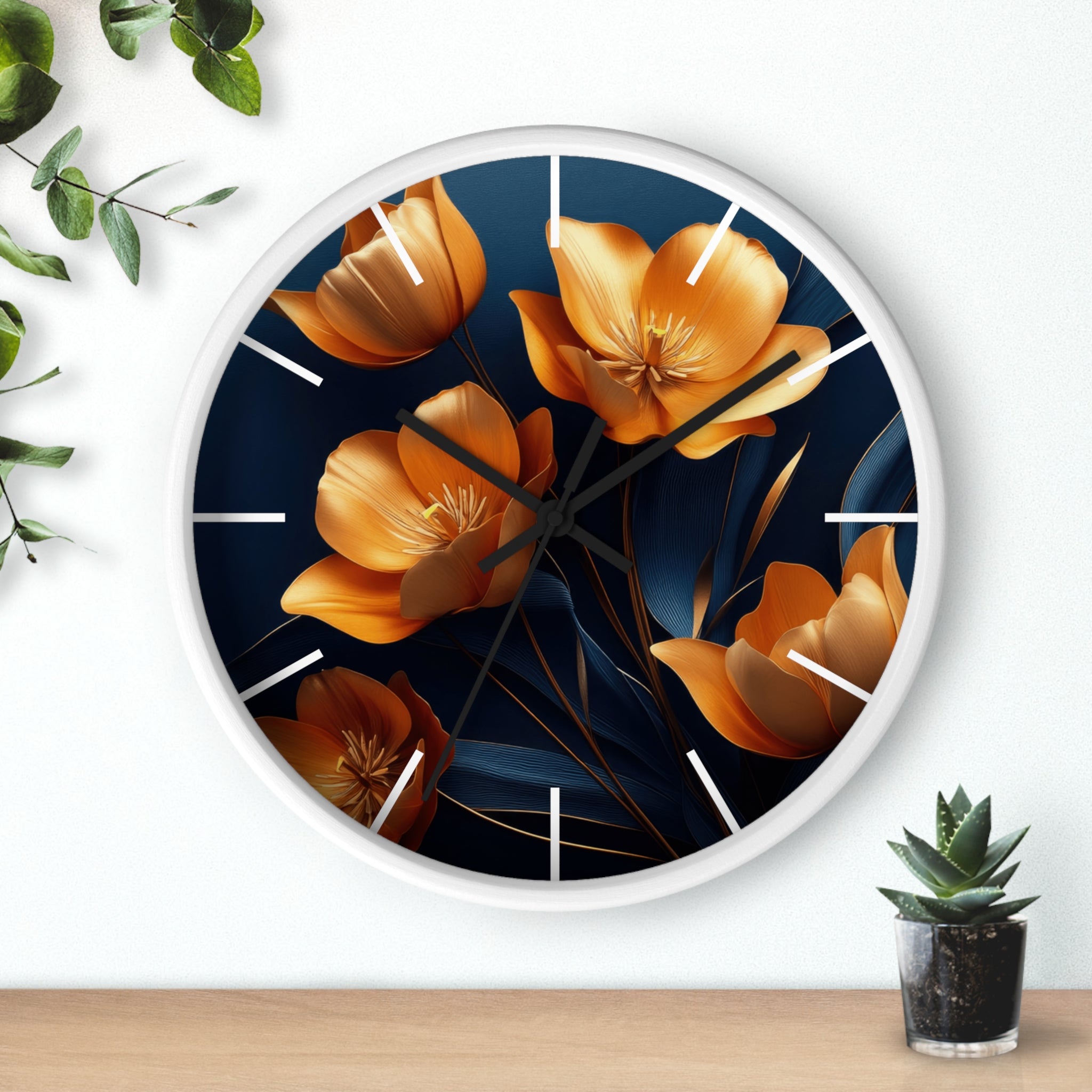 Golden Tulip Wall Clock – Elegant Floral Decor with Midnight Blue Backdrop