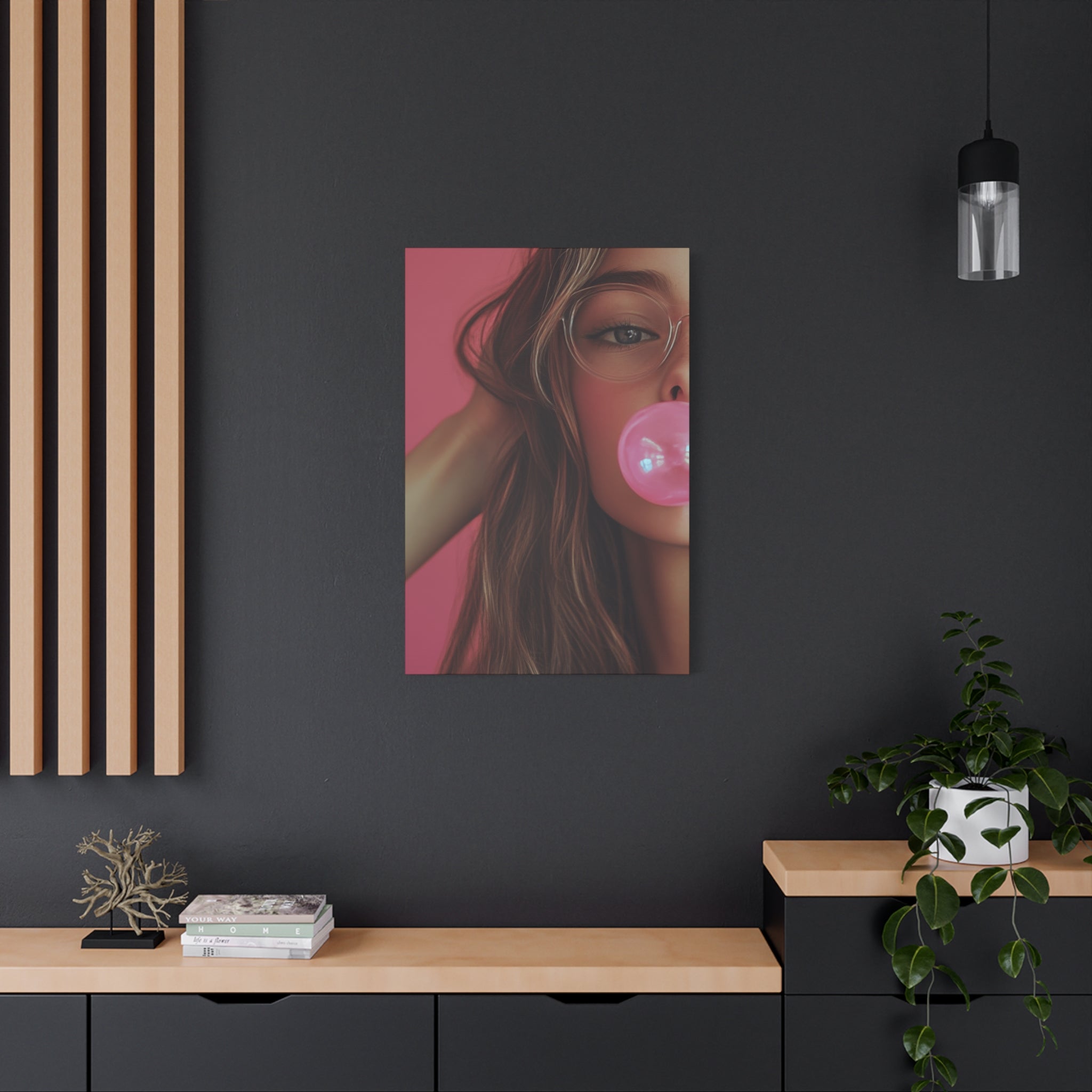 Trendy Bubblegum Girl Wall Art – Soft Pink Portrait Canvas Print with Retro Glasses Aesthetic