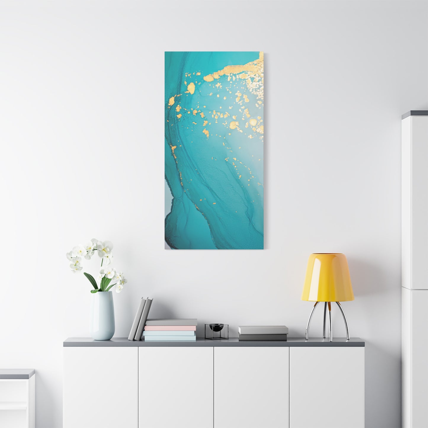 Turquoise & Gold Abstract Wall Art – Fluid Ink Canvas Print with Pink Accents for Modern Interior Décor