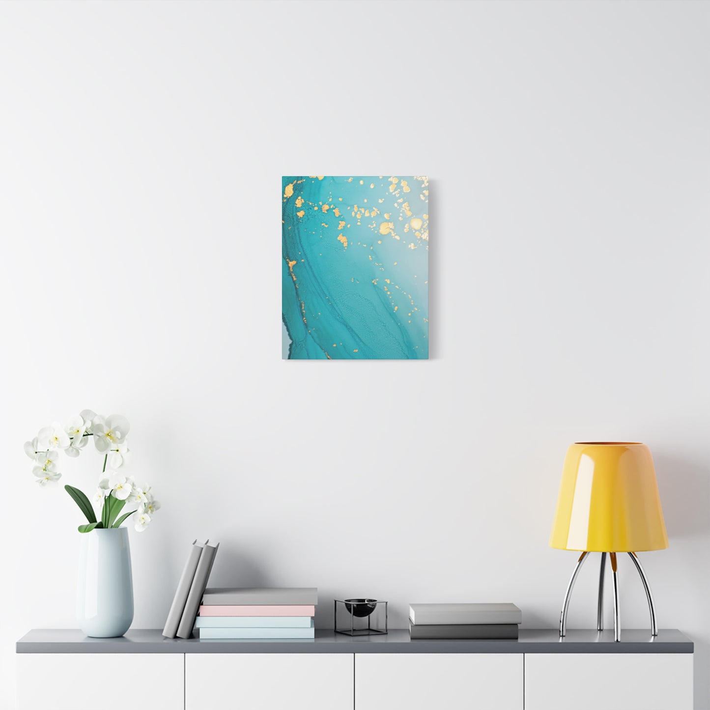 Turquoise & Gold Abstract Wall Art – Fluid Ink Canvas Print with Pink Accents for Modern Interior Décor