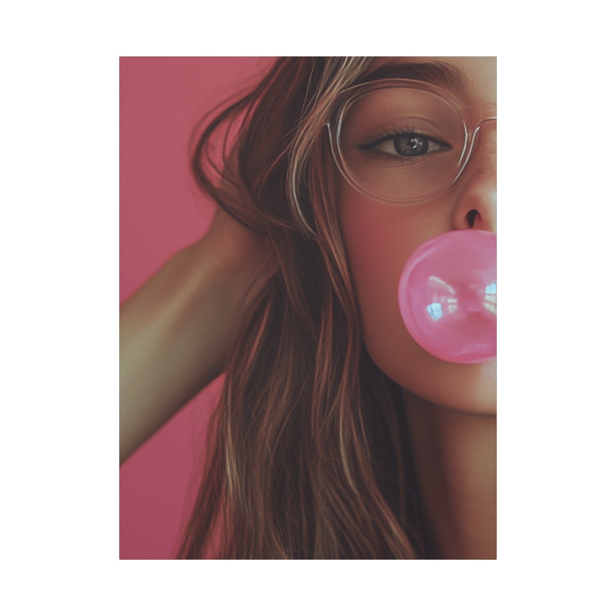 Trendy Bubblegum Girl Wall Art – Soft Pink Portrait Canvas Print with Retro Glasses Aesthetic