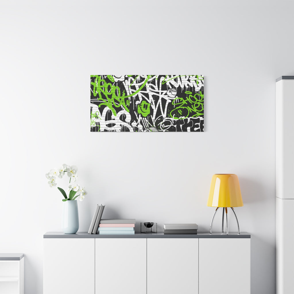 Neon Green Graffiti Wall Art – Urban Street Style Canvas with Tags, Smiley Faces & Brick Texture