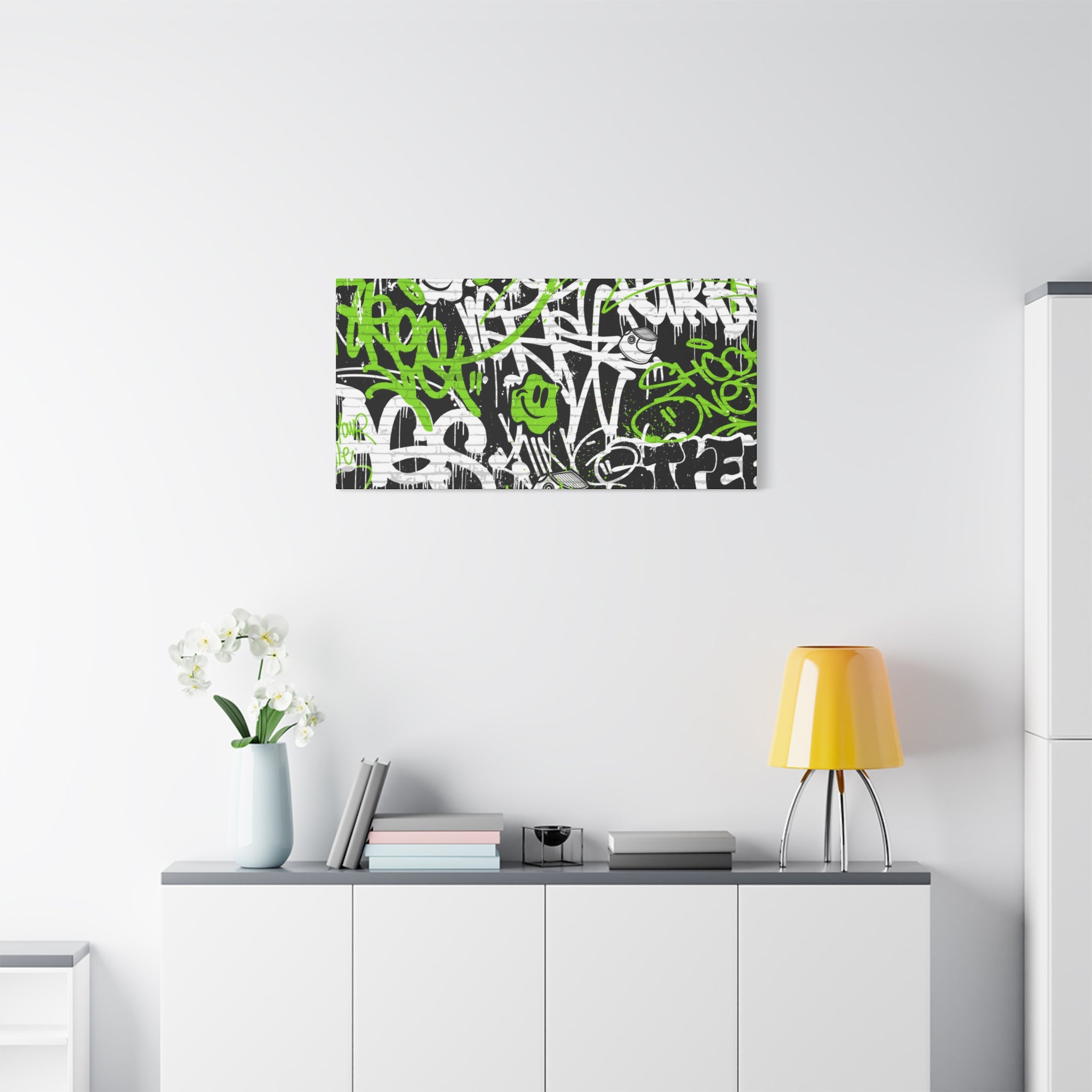 Neon Green Graffiti Wall Art – Urban Street Style Canvas with Tags, Smiley Faces & Brick Texture
