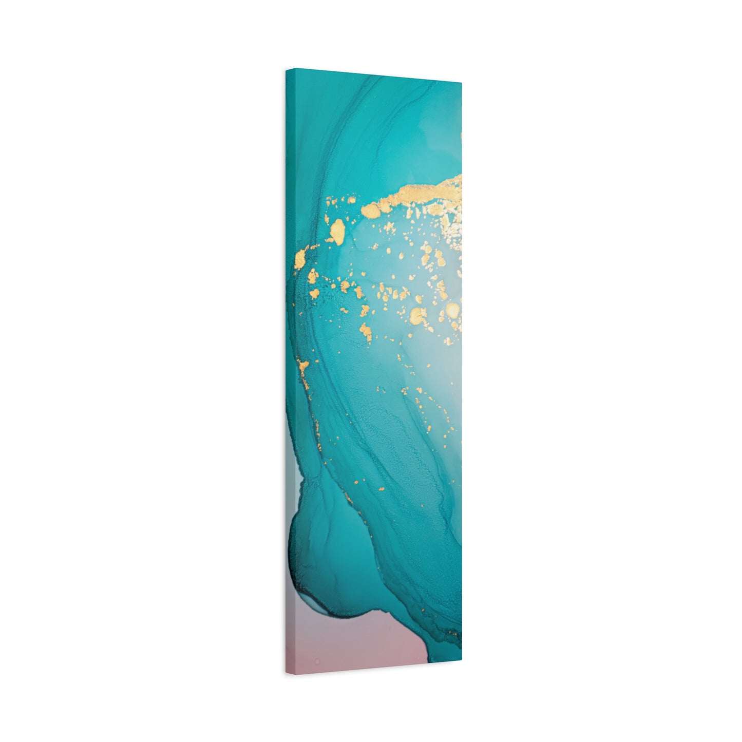 Turquoise & Gold Abstract Wall Art – Fluid Ink Canvas Print with Pink Accents for Modern Interior Décor