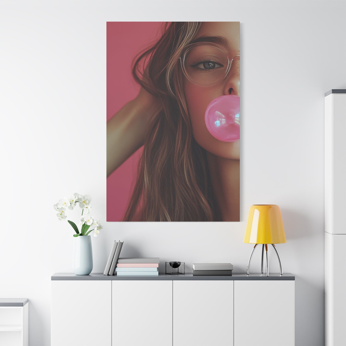 Trendy Bubblegum Girl Wall Art – Soft Pink Portrait Canvas Print with Retro Glasses Aesthetic