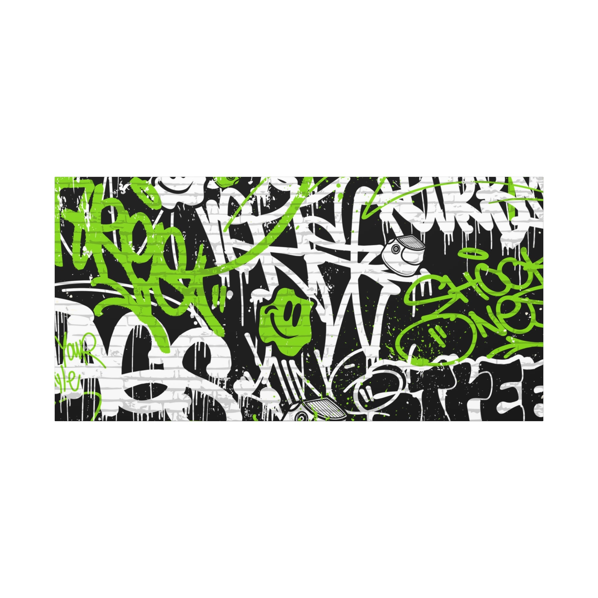 Neon Green Graffiti Wall Art – Urban Street Style Canvas with Tags, Smiley Faces & Brick Texture