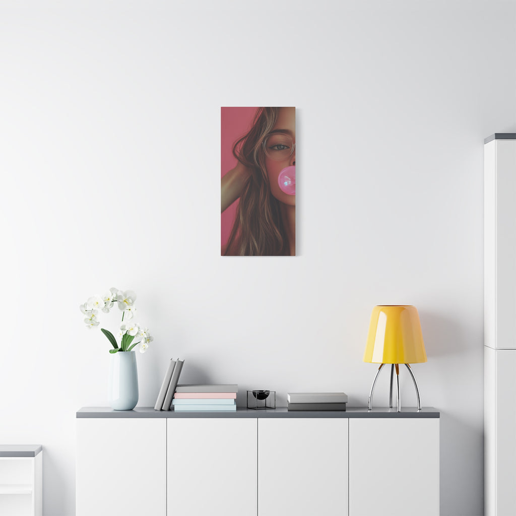 Trendy Bubblegum Girl Wall Art – Soft Pink Portrait Canvas Print with Retro Glasses Aesthetic