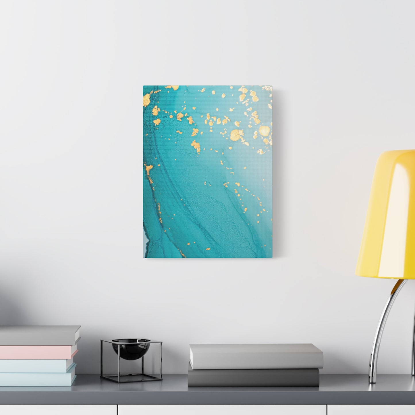 Turquoise & Gold Abstract Wall Art – Fluid Ink Canvas Print with Pink Accents for Modern Interior Décor