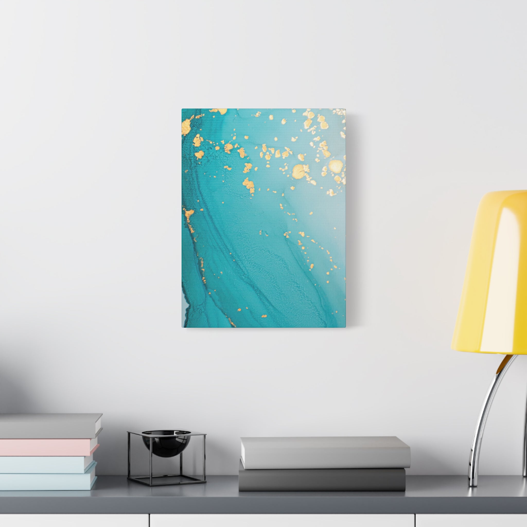 Turquoise & Gold Abstract Wall Art – Fluid Ink Canvas Print with Pink Accents for Modern Interior Décor