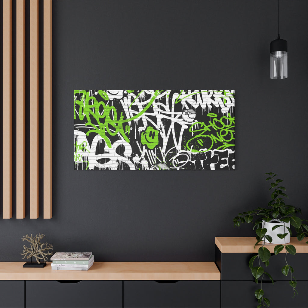 Neon Green Graffiti Wall Art – Urban Street Style Canvas with Tags, Smiley Faces & Brick Texture