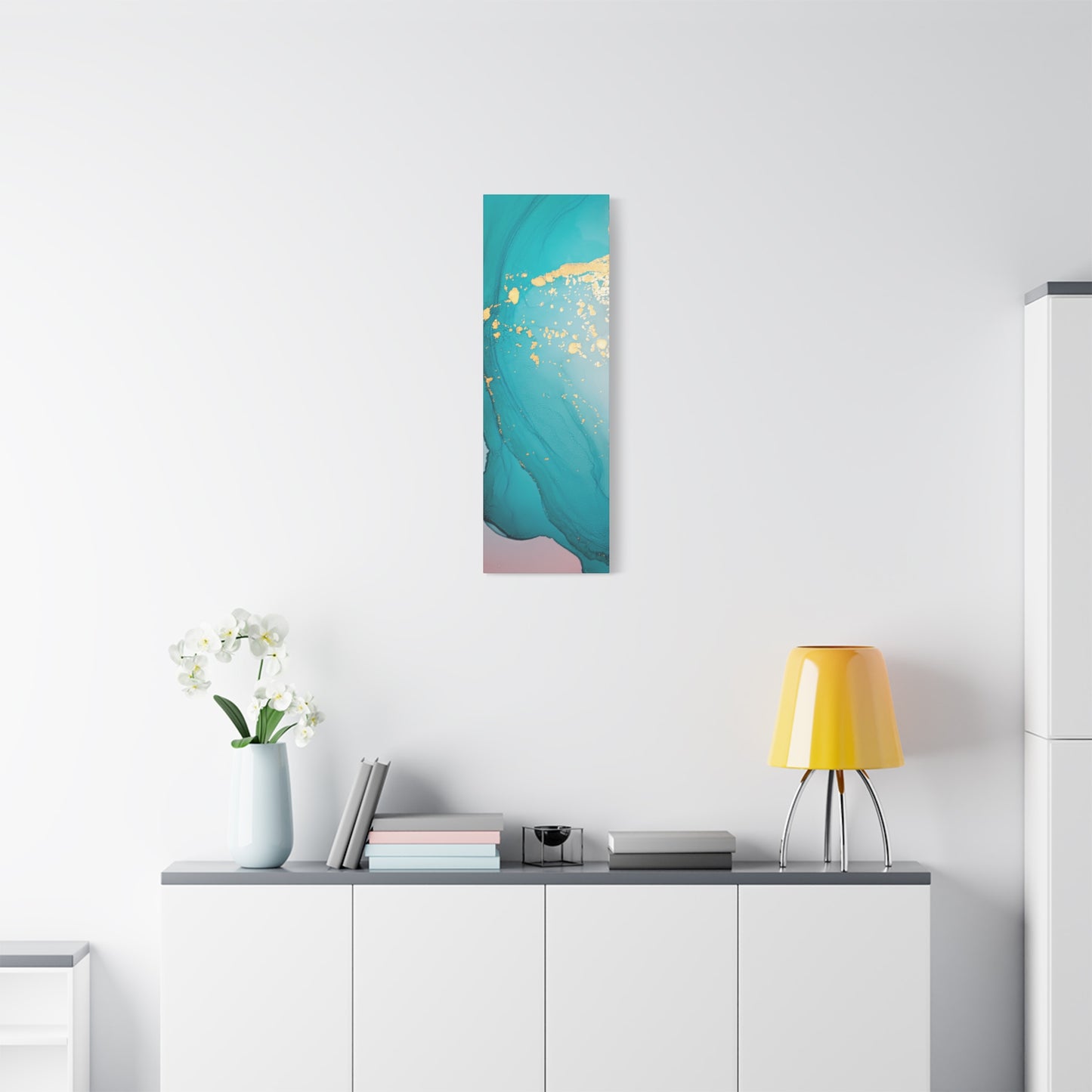 Turquoise & Gold Abstract Wall Art – Fluid Ink Canvas Print with Pink Accents for Modern Interior Décor