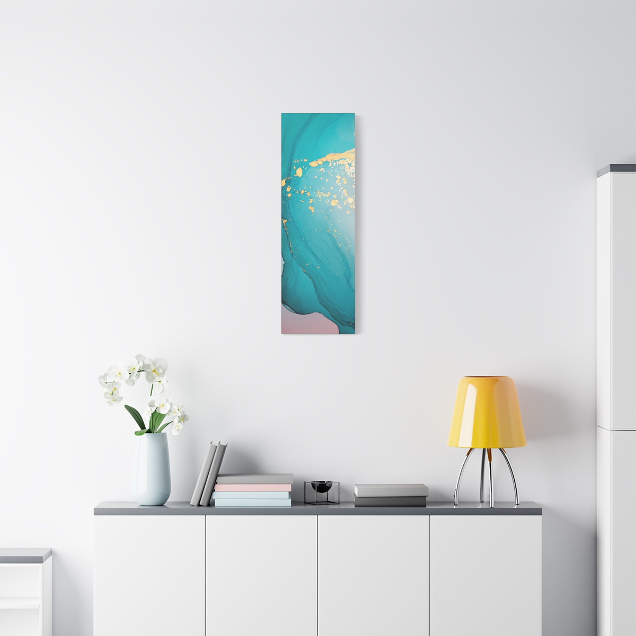 Turquoise & Gold Abstract Wall Art – Fluid Ink Canvas Print with Pink Accents for Modern Interior Décor