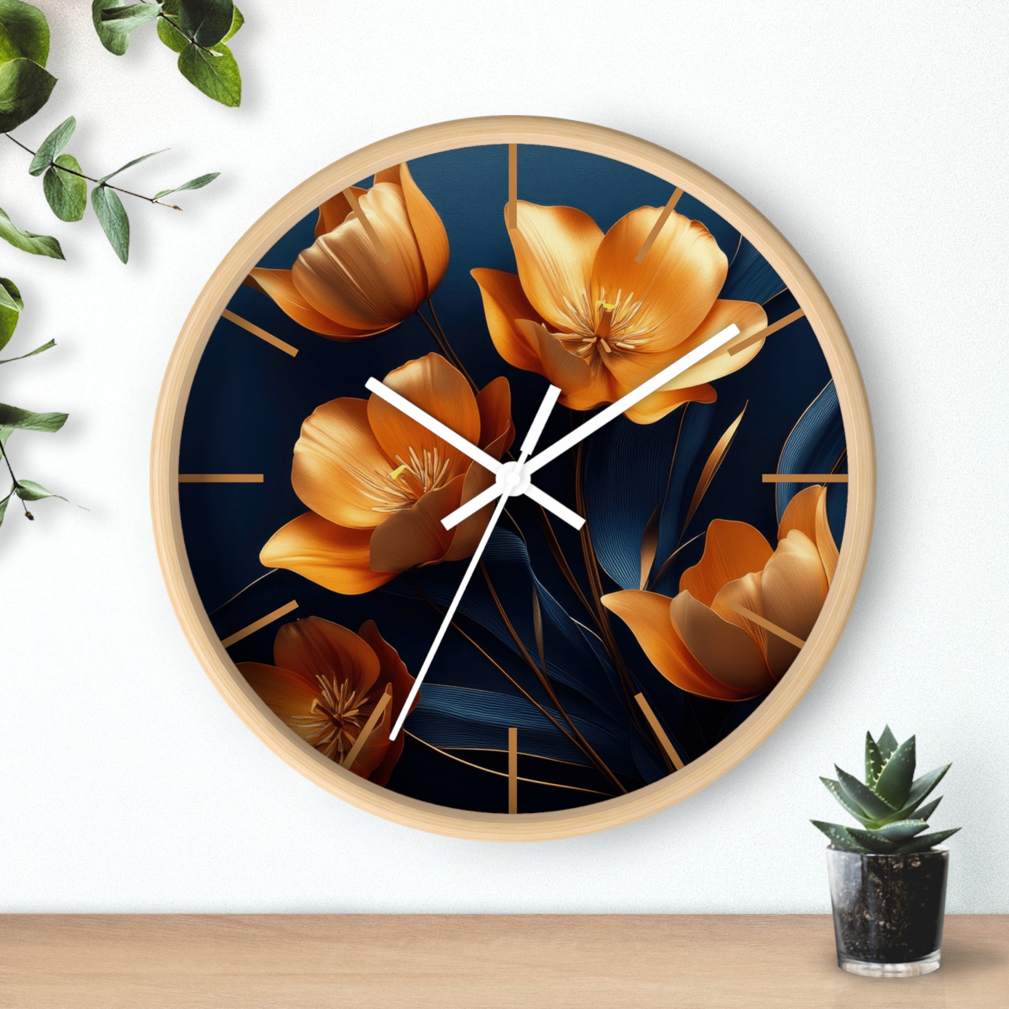 Golden Tulip Wall Clock – Elegant Floral Decor with Midnight Blue Backdrop