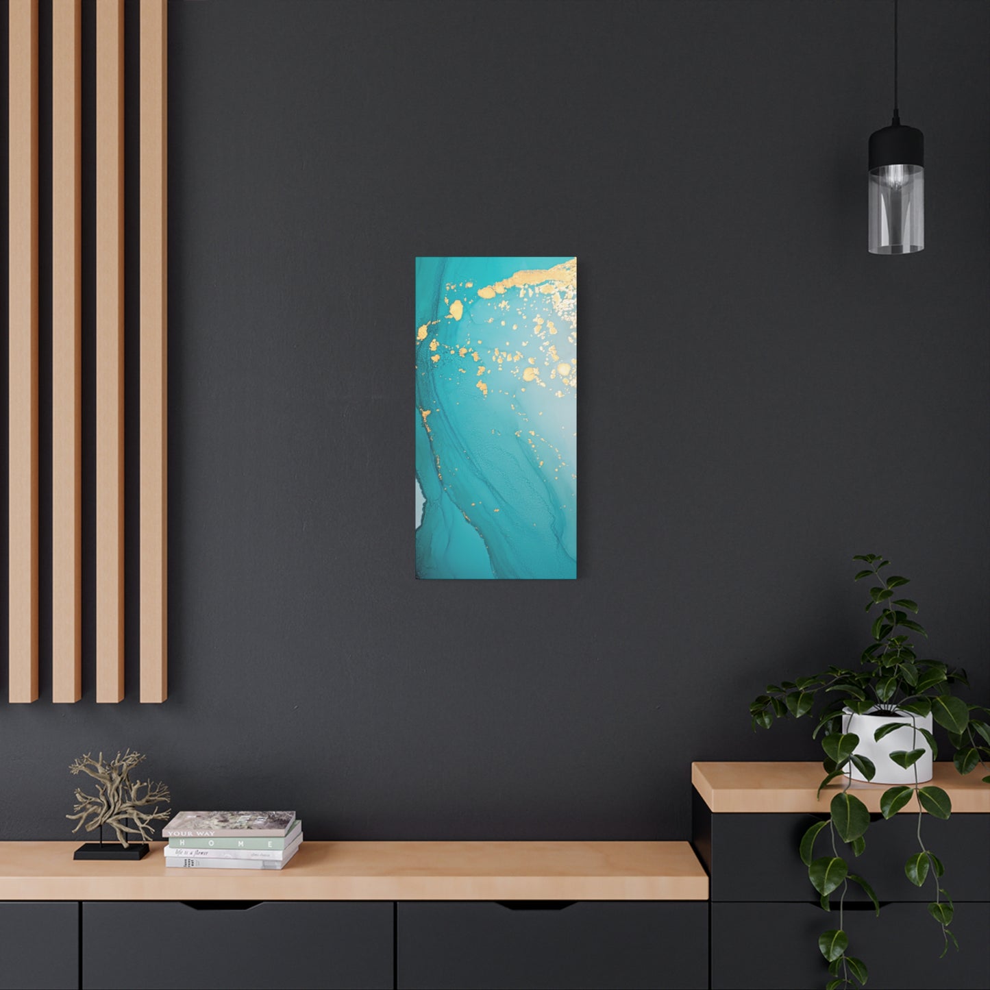 Turquoise & Gold Abstract Wall Art – Fluid Ink Canvas Print with Pink Accents for Modern Interior Décor