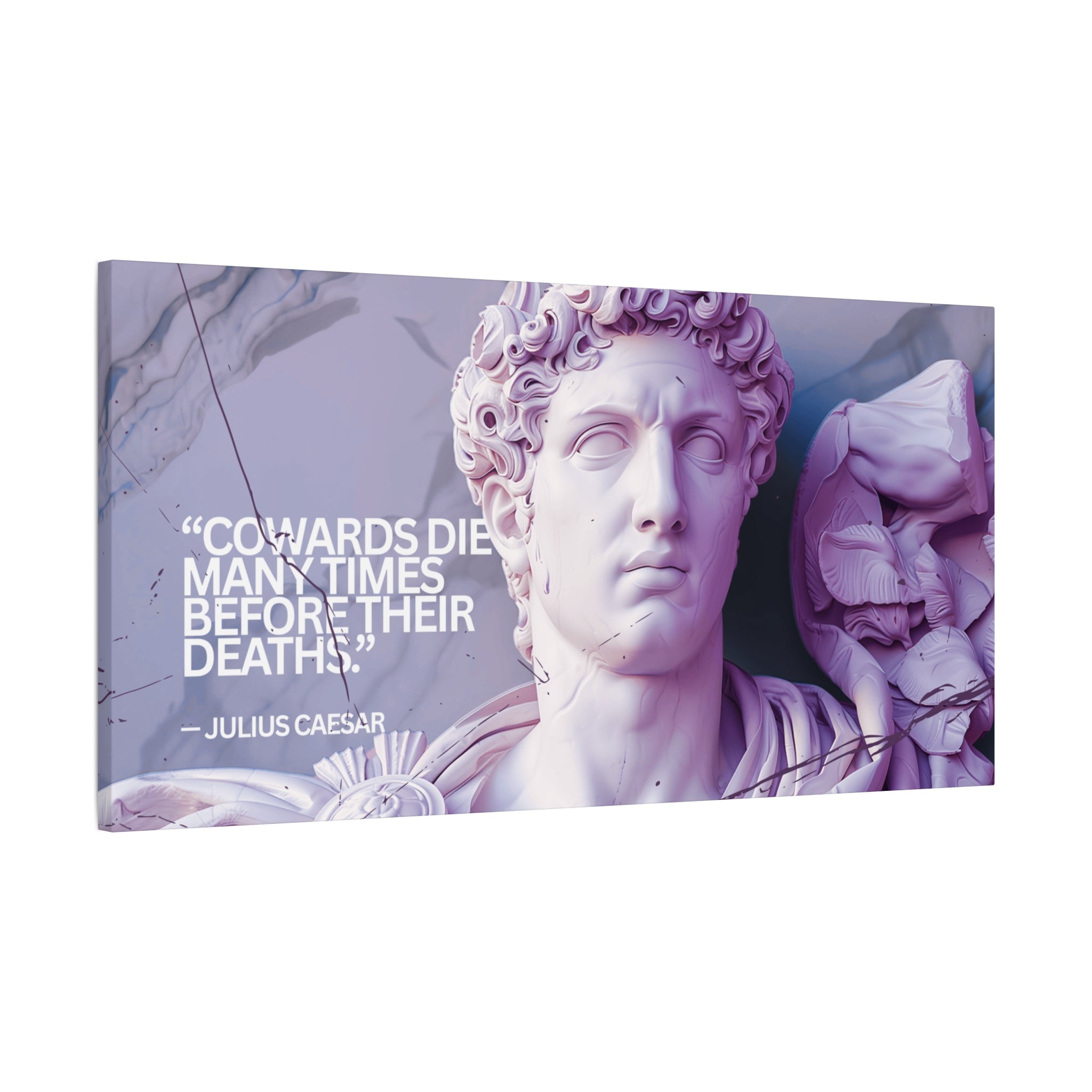 “Cowards Die Many Times” Julius Caesar Quote Wall Art – Lavender Roman Bust Canvas for Bold and Thoughtful Spaces