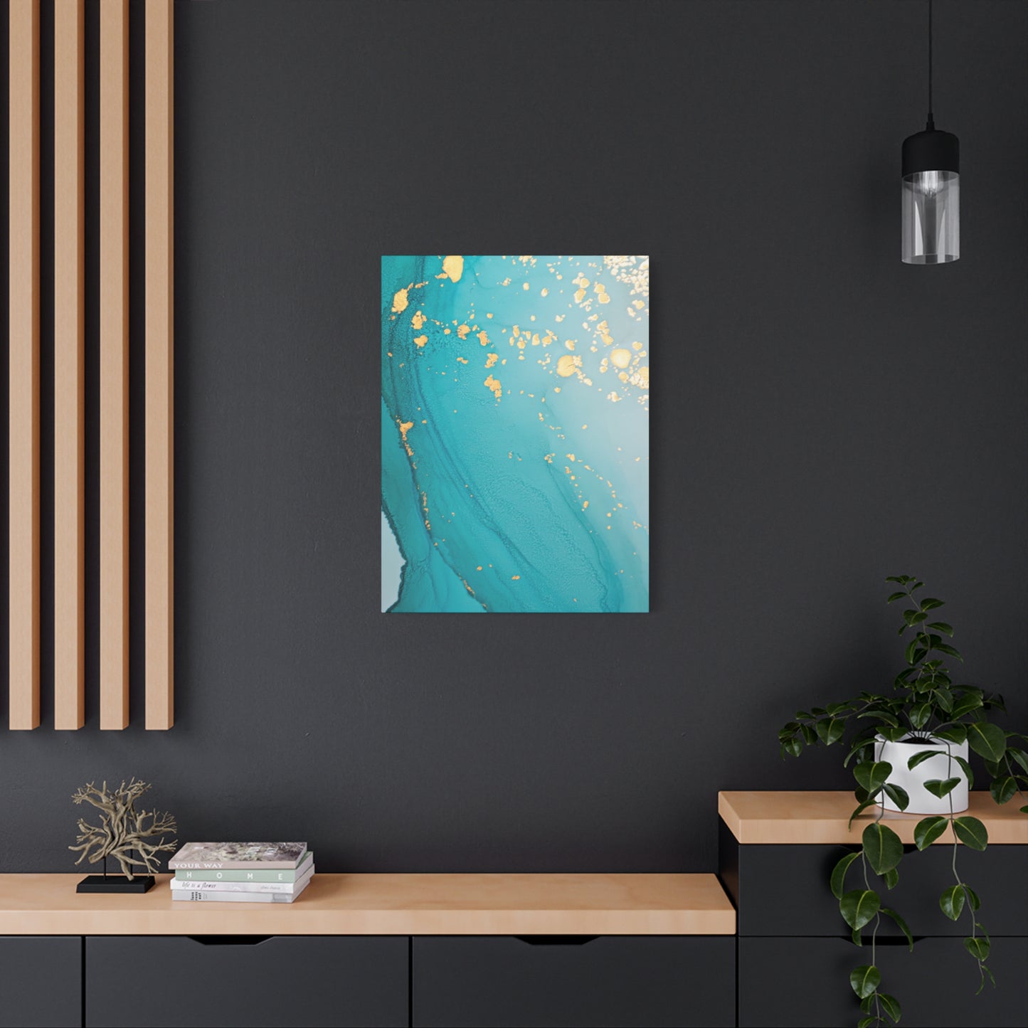 Turquoise & Gold Abstract Wall Art – Fluid Ink Canvas Print with Pink Accents for Modern Interior Décor