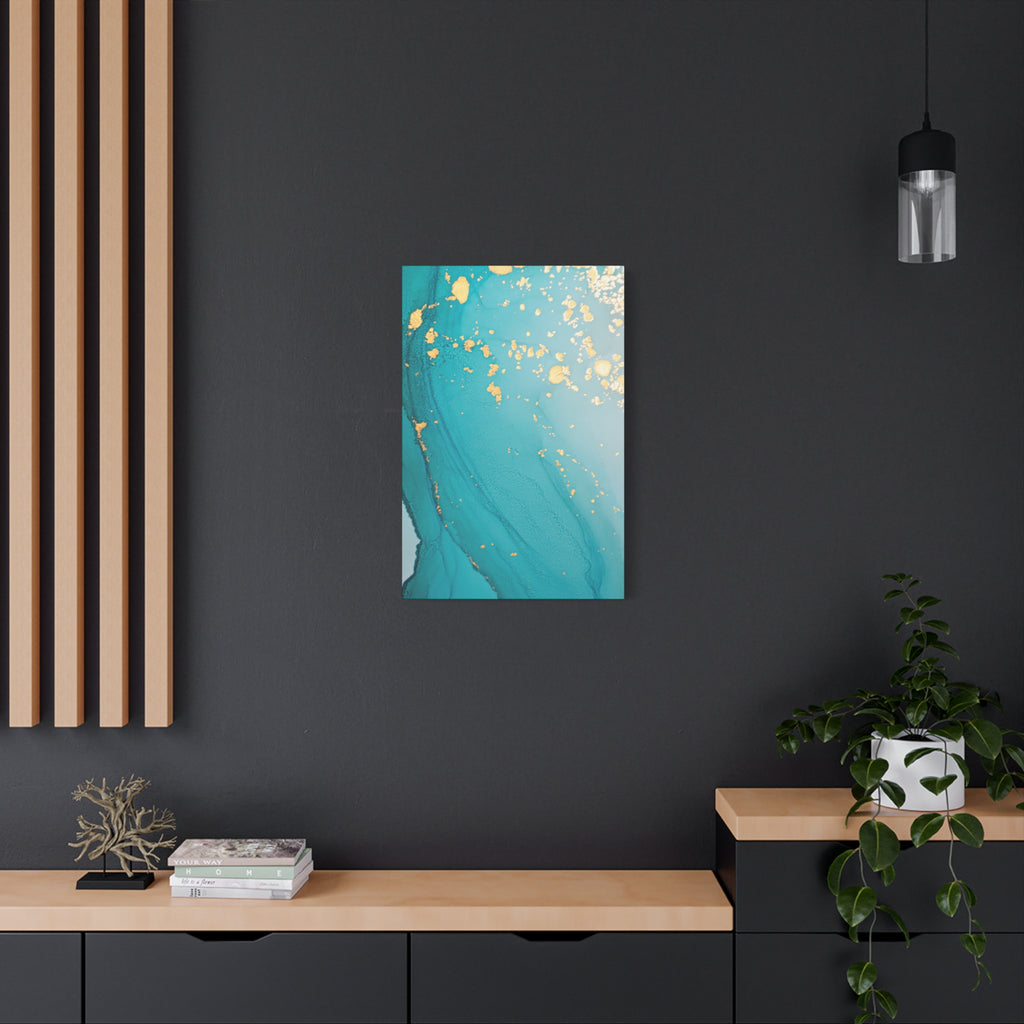 Turquoise & Gold Abstract Wall Art – Fluid Ink Canvas Print with Pink Accents for Modern Interior Décor
