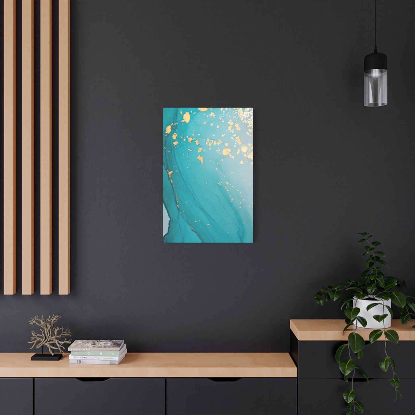 Turquoise & Gold Abstract Wall Art – Fluid Ink Canvas Print with Pink Accents for Modern Interior Décor