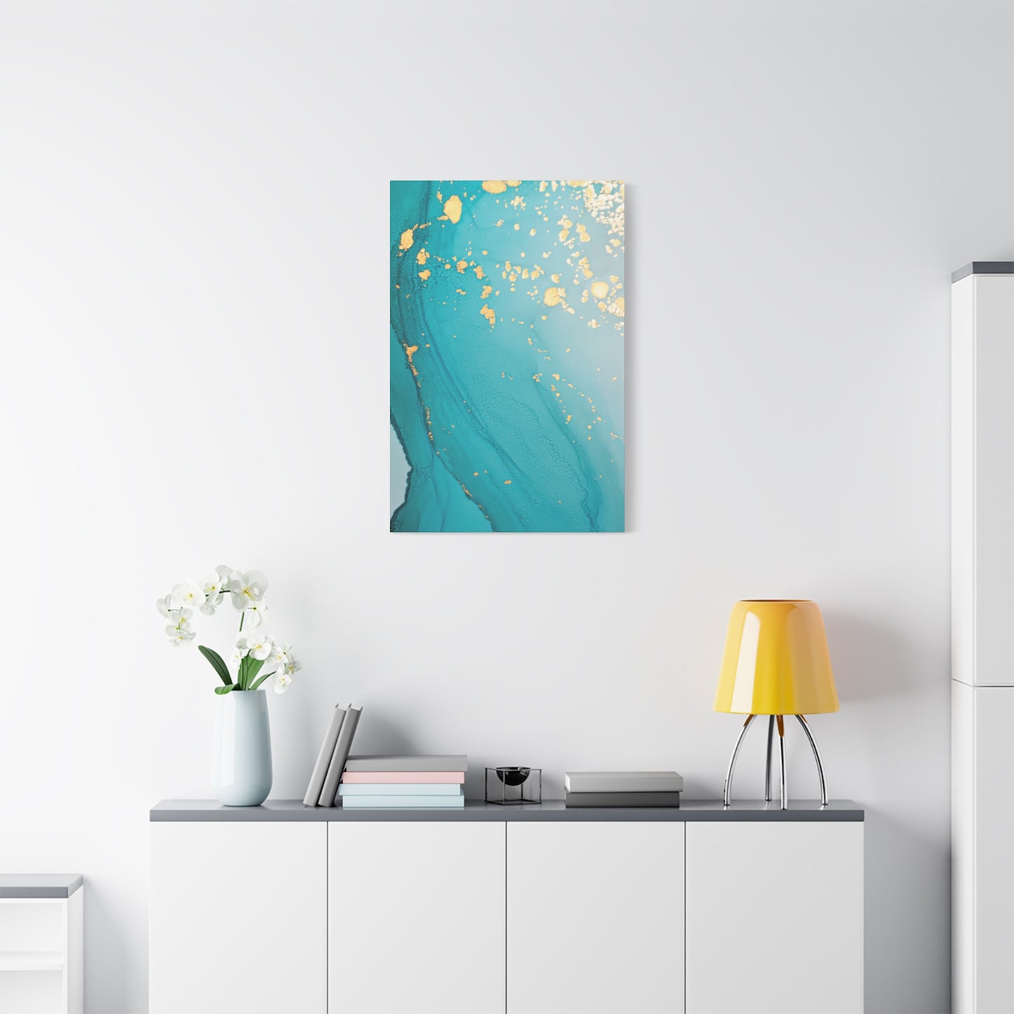 Turquoise & Gold Abstract Wall Art – Fluid Ink Canvas Print with Pink Accents for Modern Interior Décor
