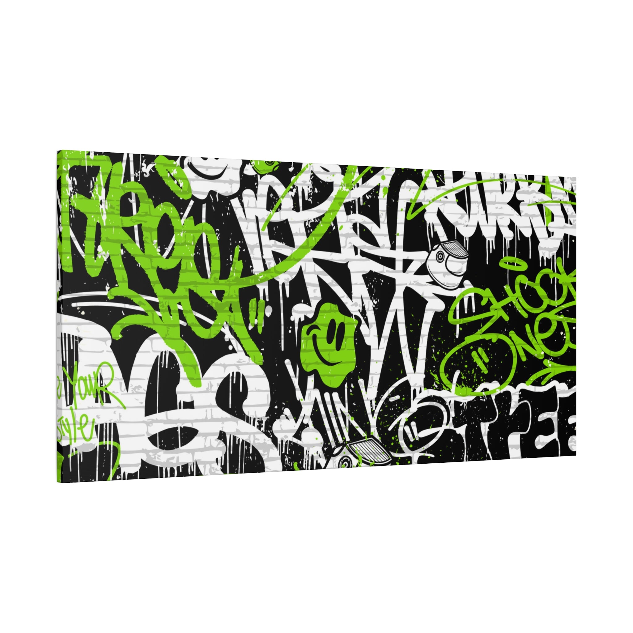 Neon Green Graffiti Wall Art – Urban Street Style Canvas with Tags, Smiley Faces & Brick Texture