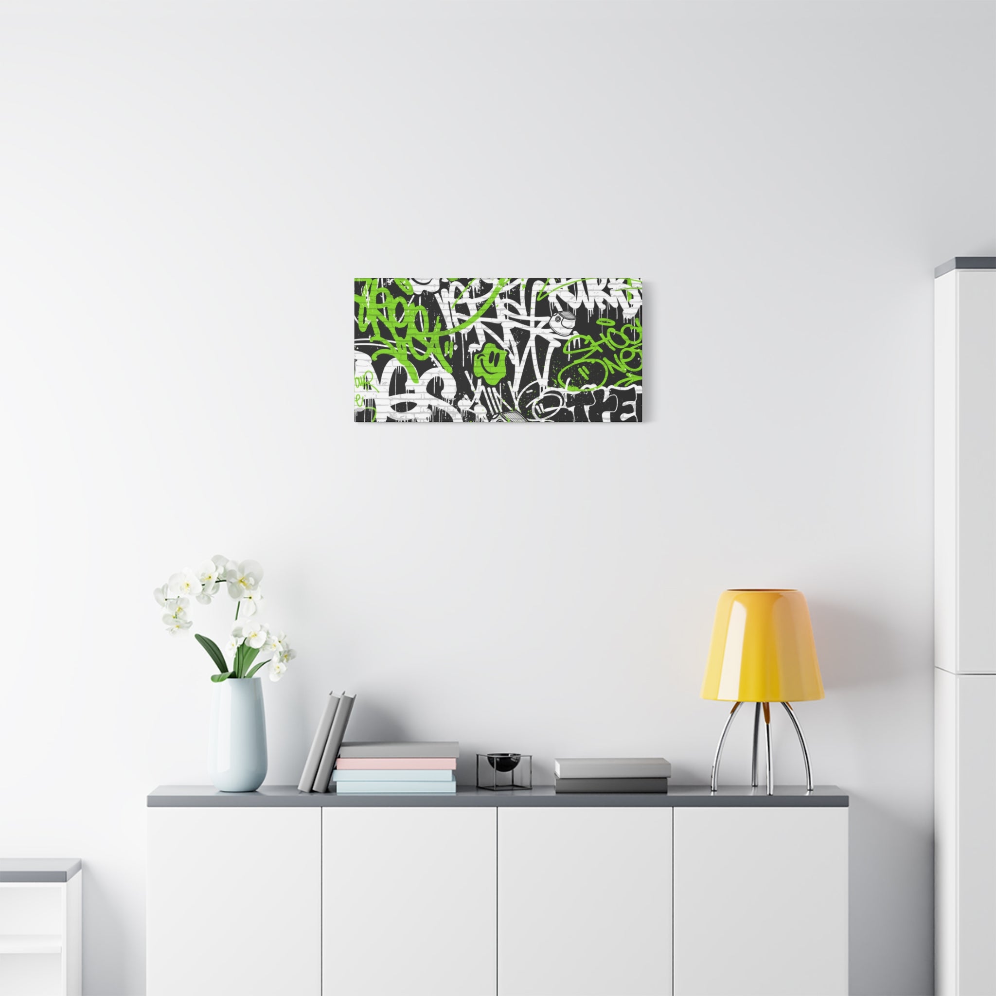 Neon Green Graffiti Wall Art – Urban Street Style Canvas with Tags, Smiley Faces & Brick Texture