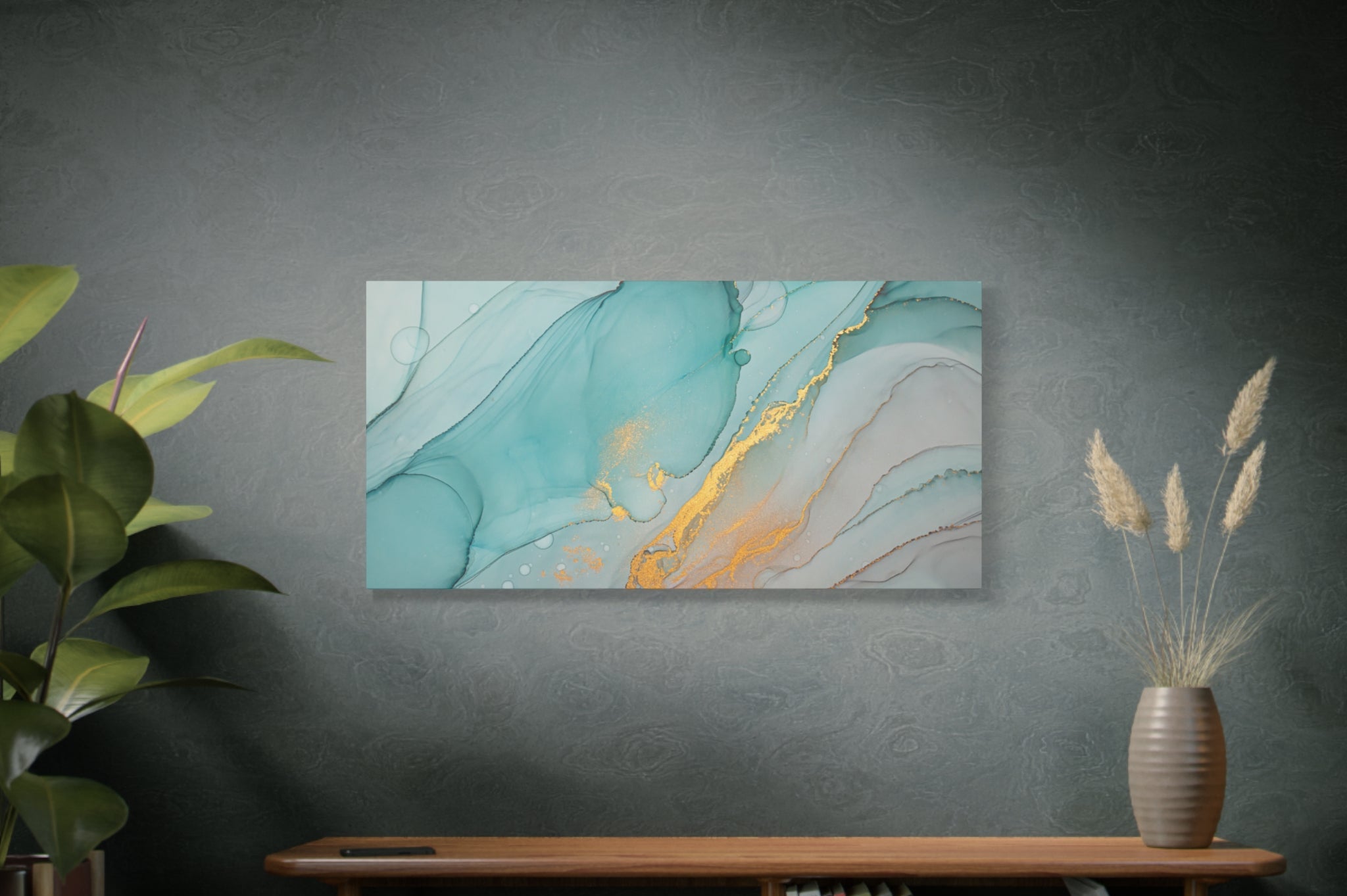 Aqua & Gold Fluid Abstract Canvas Wall Art – Modern Watercolor-Inspired Artwork for Living Room, Bedroom, or Office