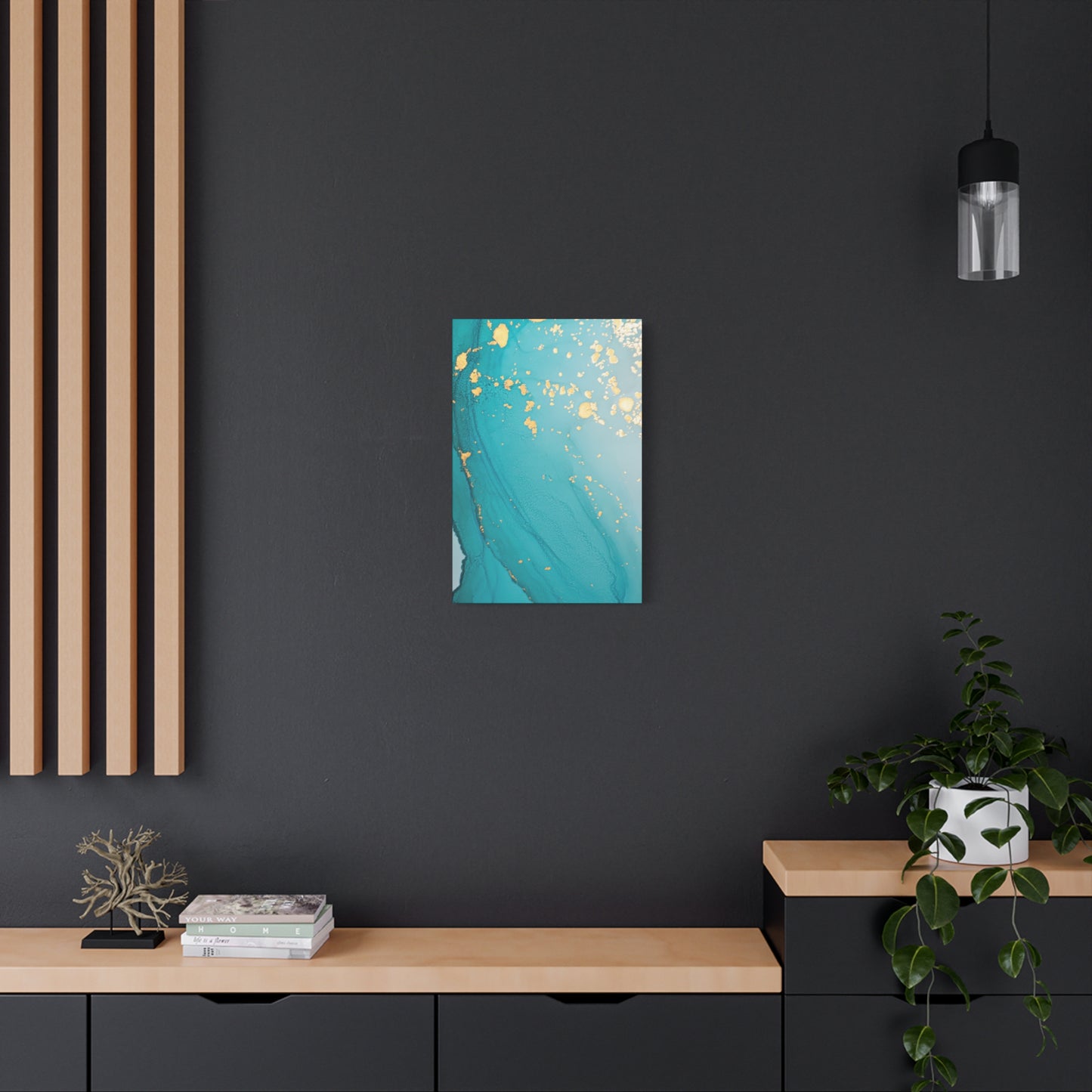 Turquoise & Gold Abstract Wall Art – Fluid Ink Canvas Print with Pink Accents for Modern Interior Décor