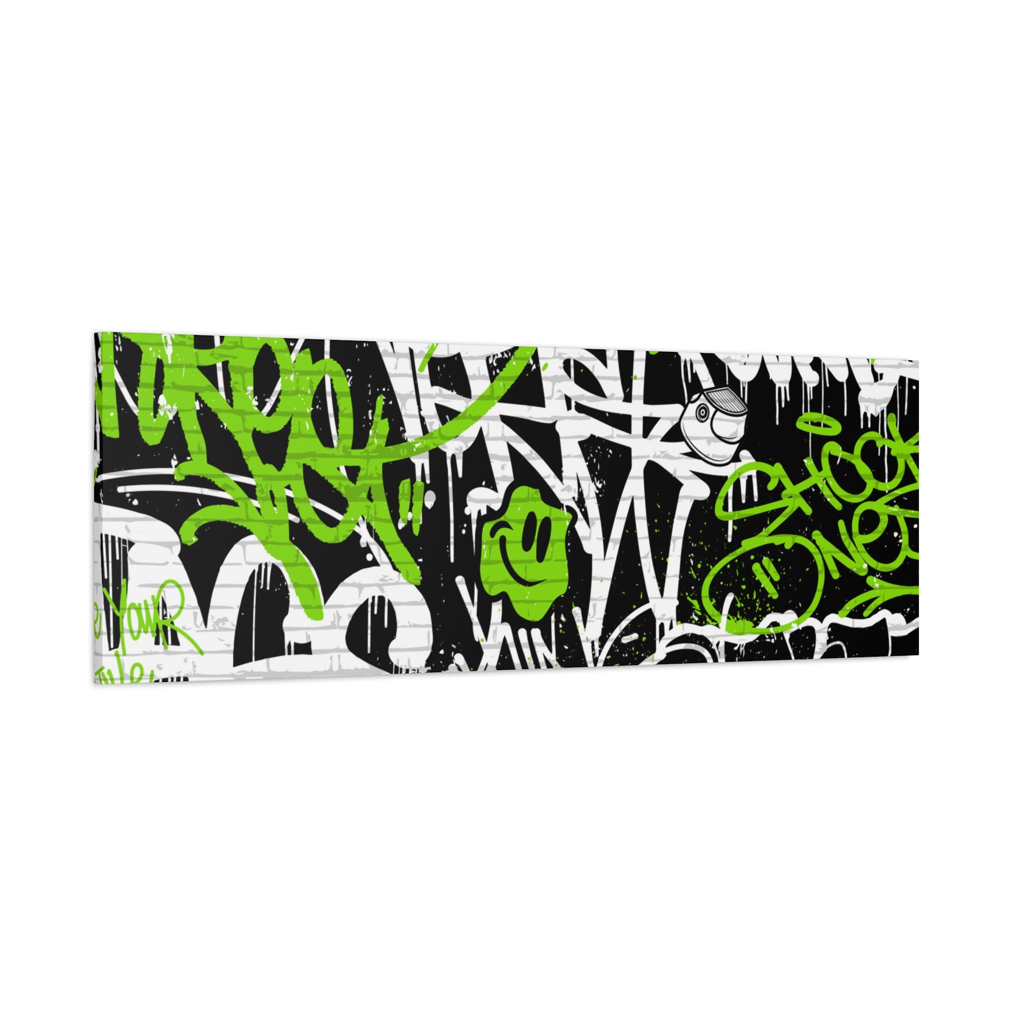 Neon Green Graffiti Wall Art – Urban Street Style Canvas with Tags, Smiley Faces & Brick Texture
