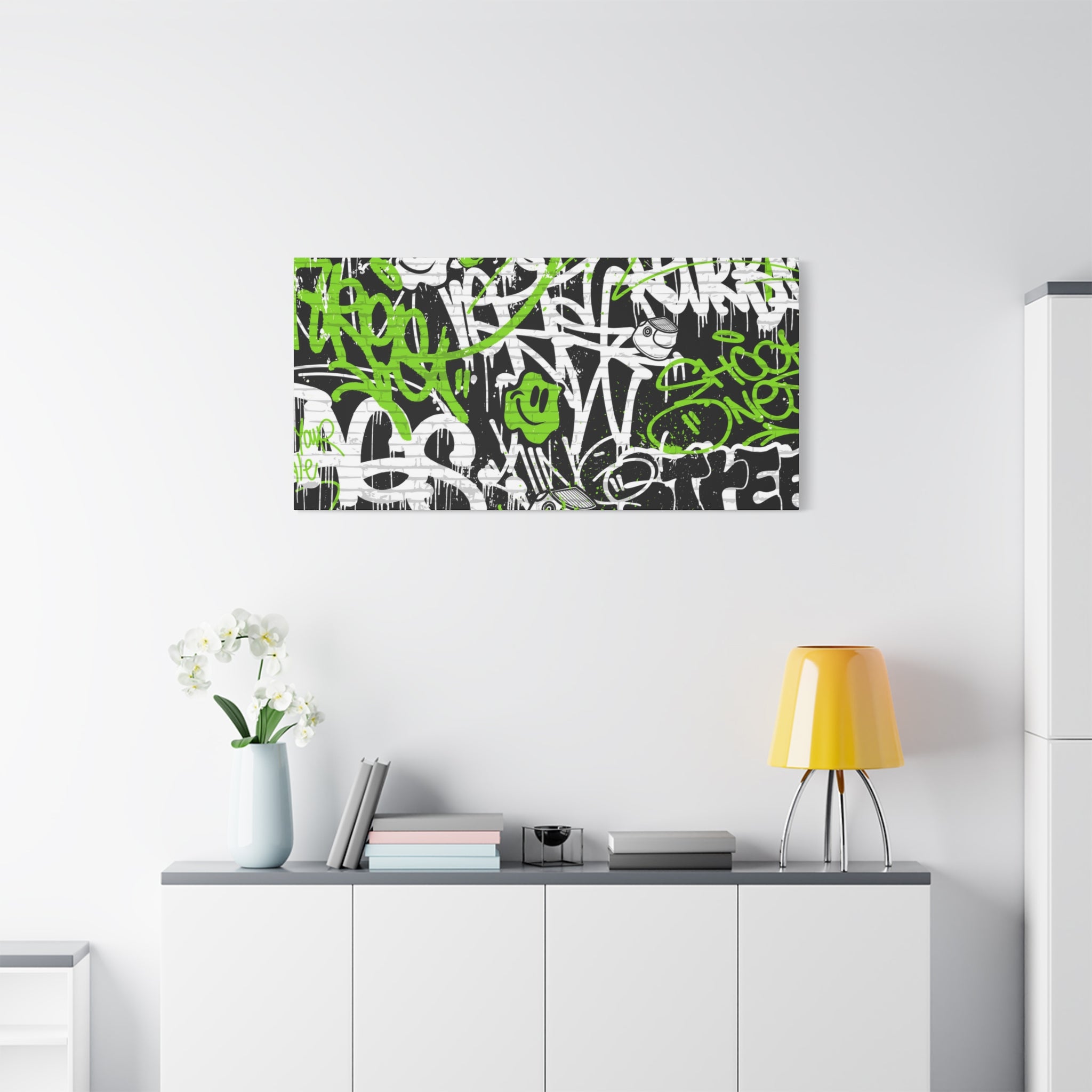 Neon Green Graffiti Wall Art – Urban Street Style Canvas with Tags, Smiley Faces & Brick Texture