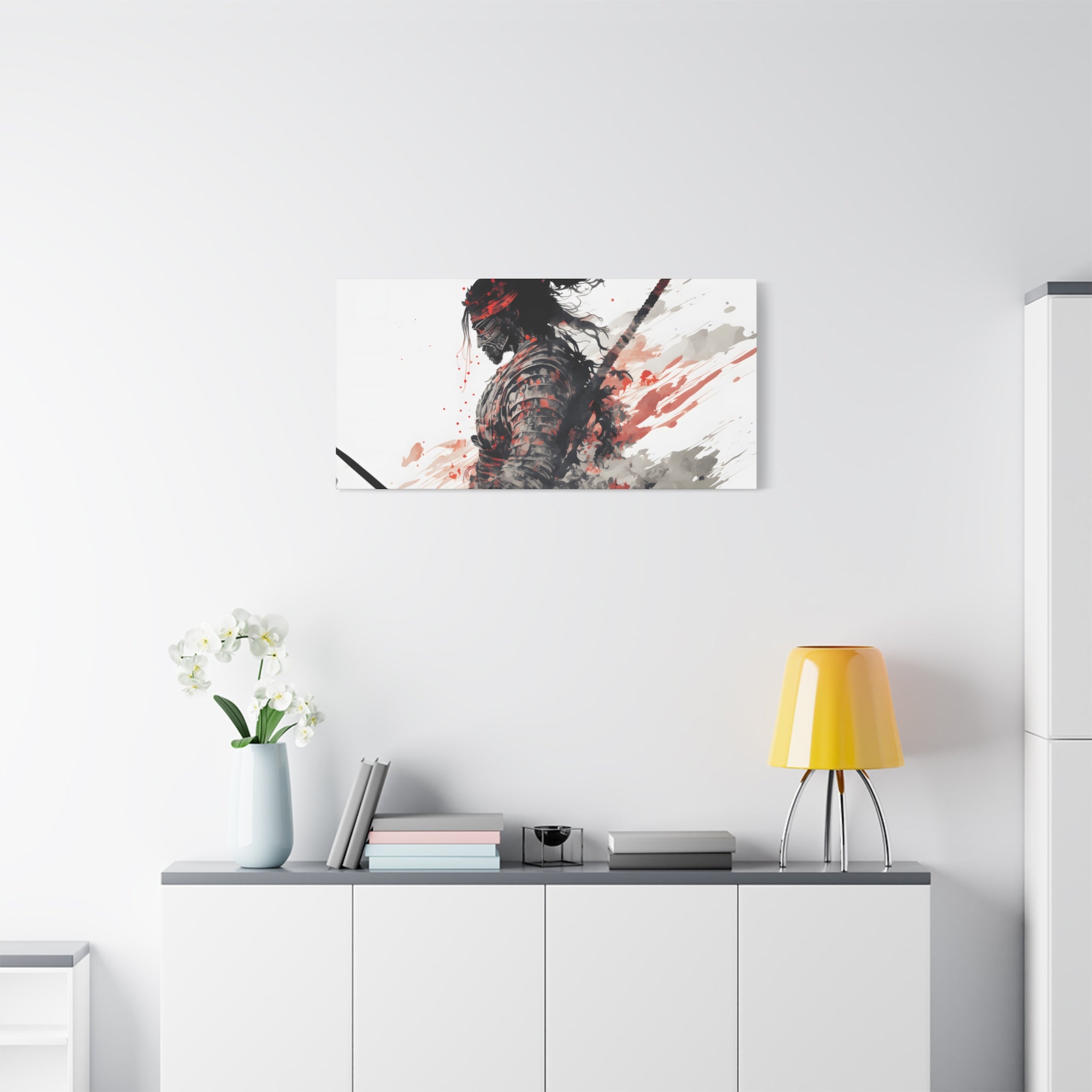 Bushido Samurai Ink Art – Red and Grey Watercolor Canvas Print of Warrior in Armor with Katana